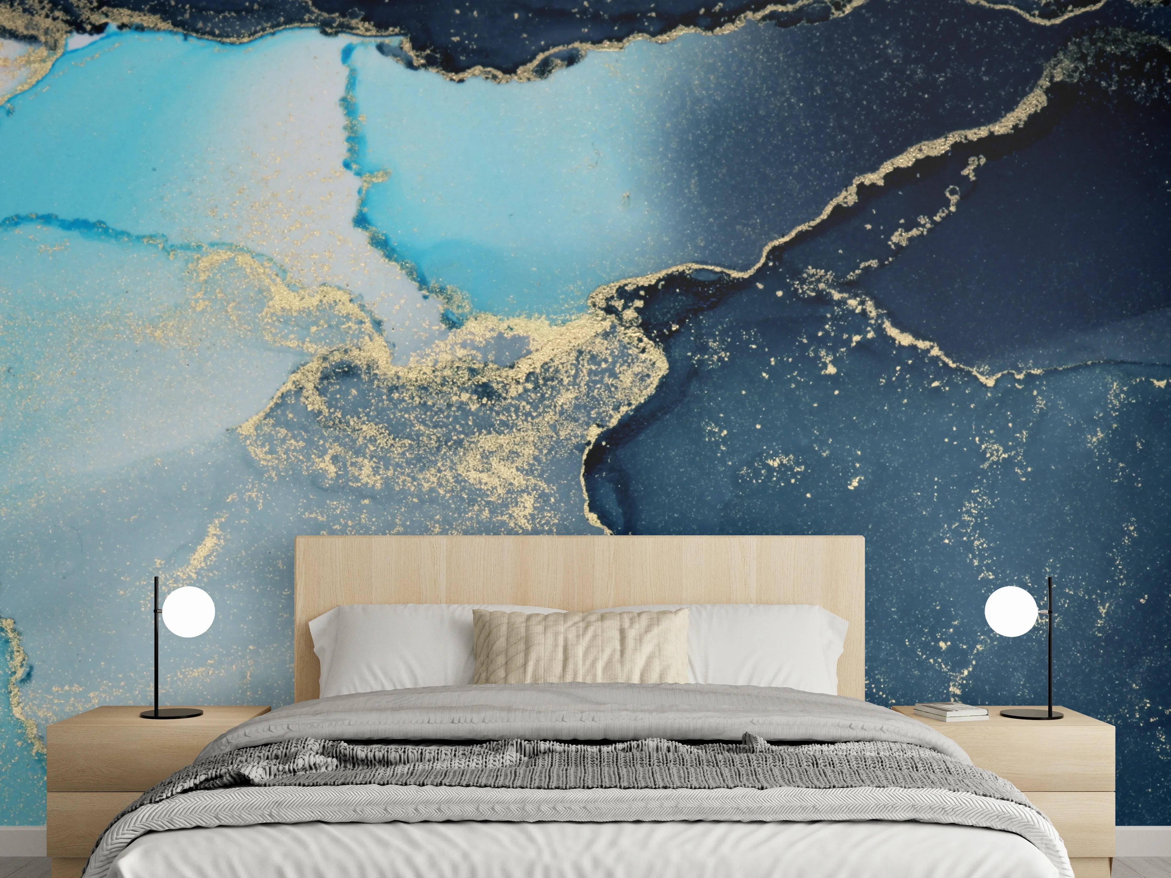 Wandverkleidung Schlafzimmer - Blau-Goldener Nebel auf Silberweiß