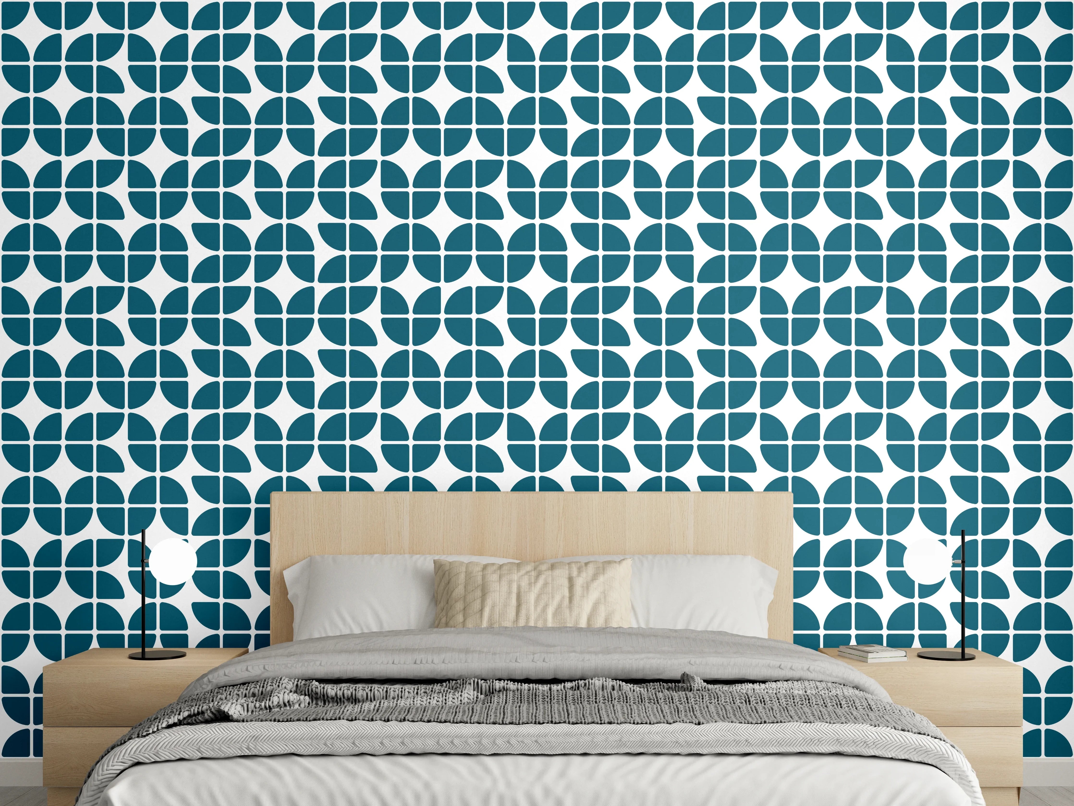 Wandverkleidung Schlafzimmer - Blau-Graues Retro-Design mit Geometrie