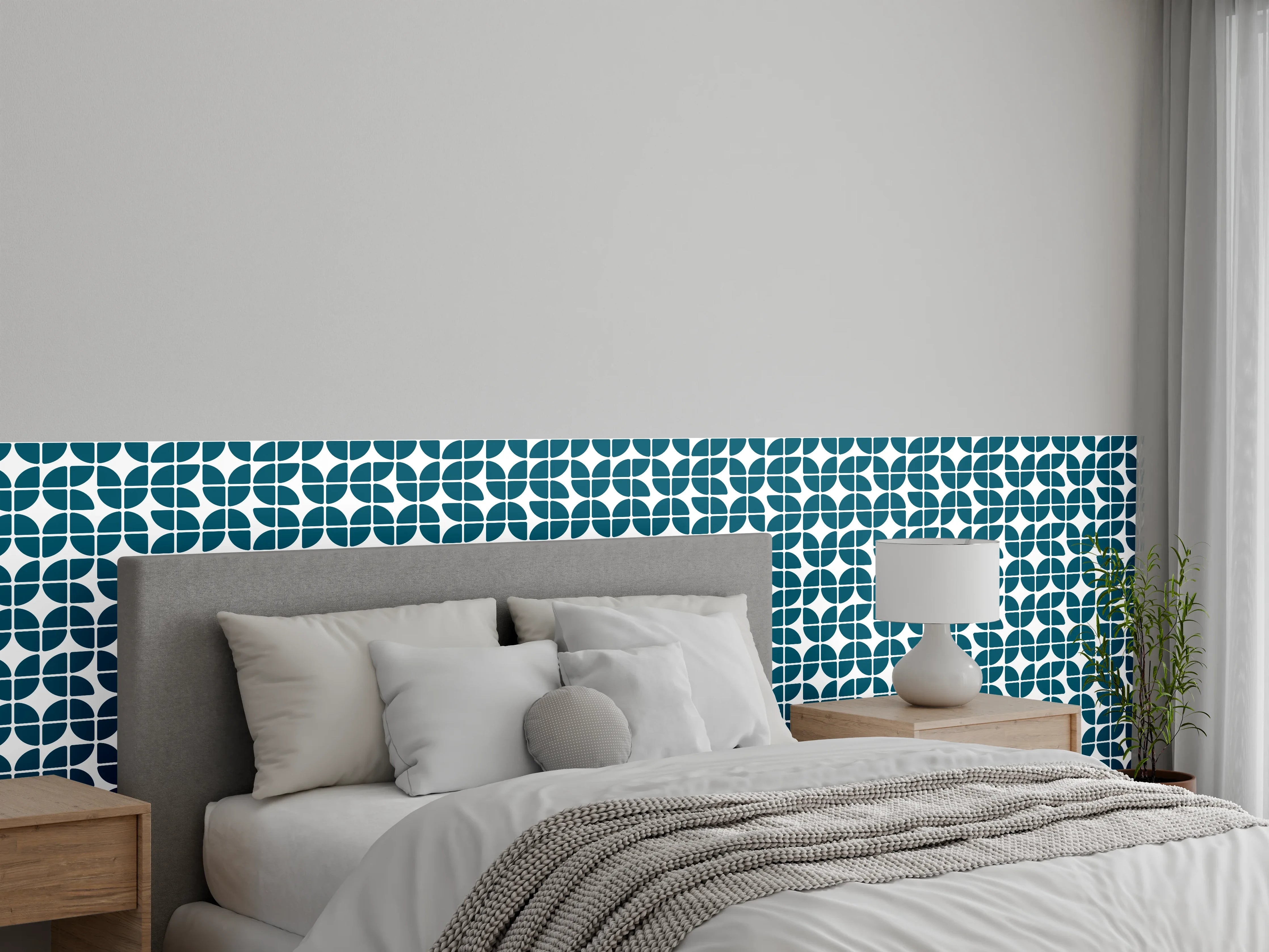Wandverkleidung Schlafzimmer - Blau-Graues Retro-Design mit Geometrie