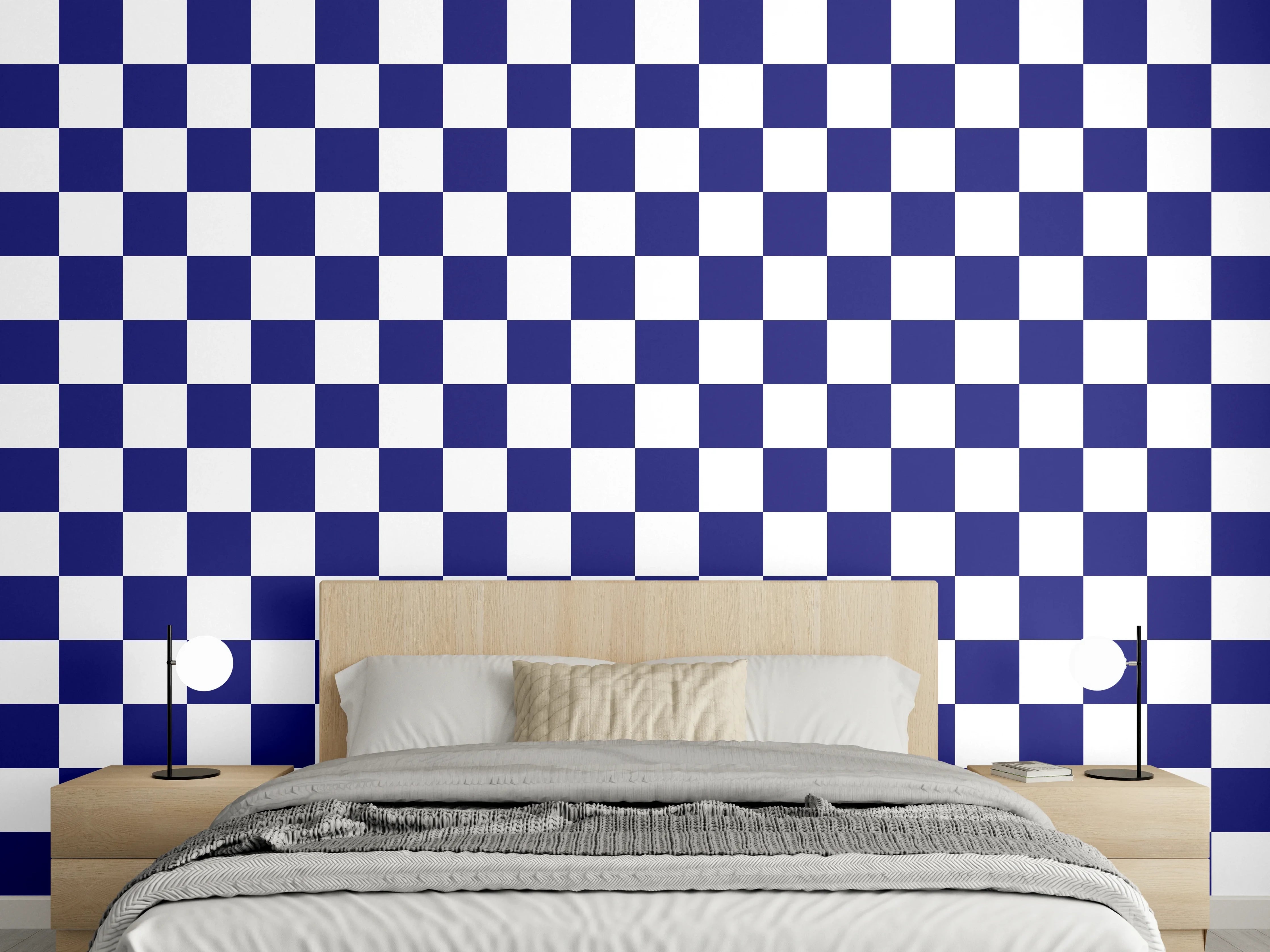Wandverkleidung Schlafzimmer - Blau-Weiße Karomuster Textilgestaltung