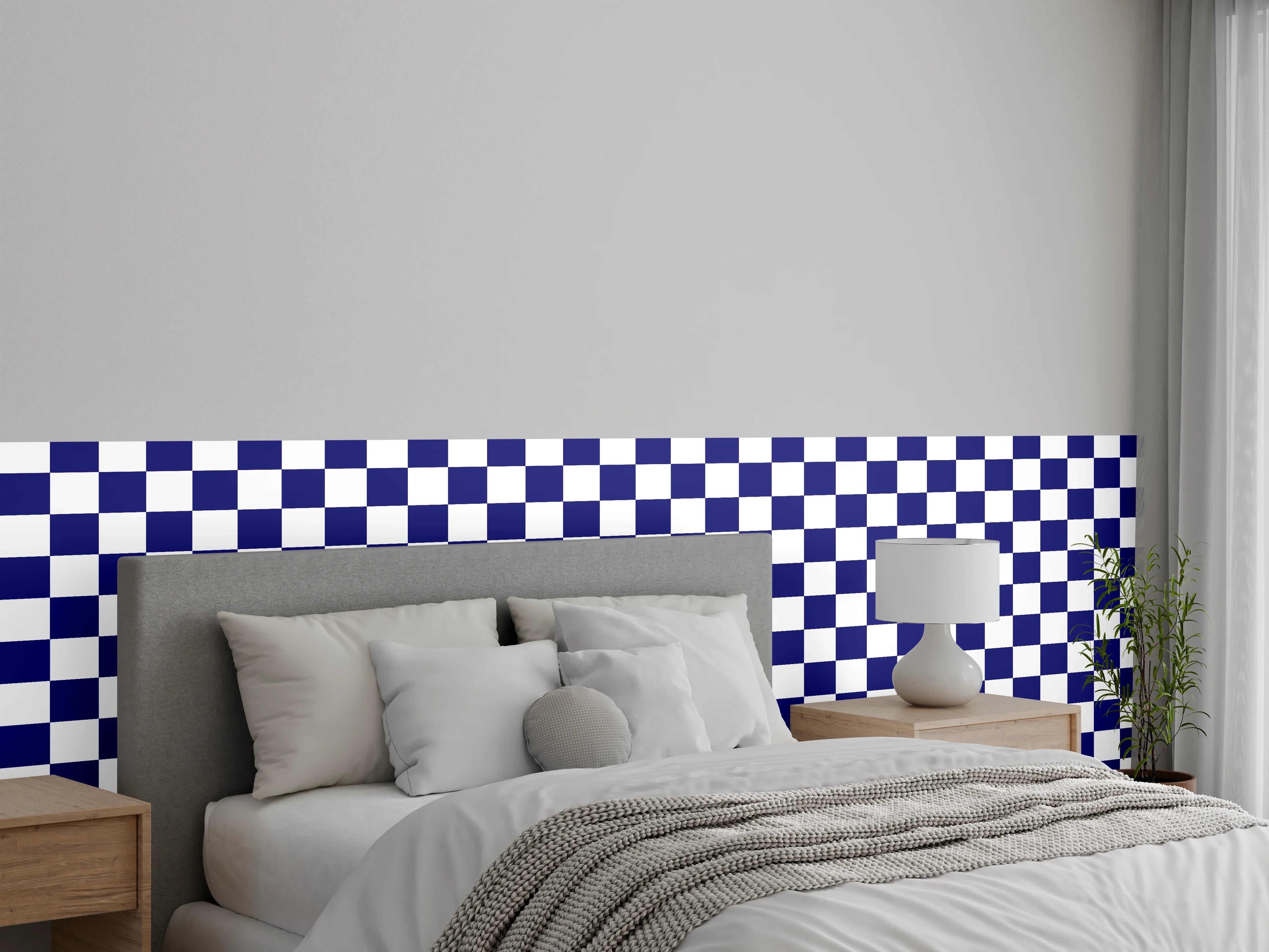 Wandverkleidung Schlafzimmer - Blau-Weiße Karomuster Textilgestaltung