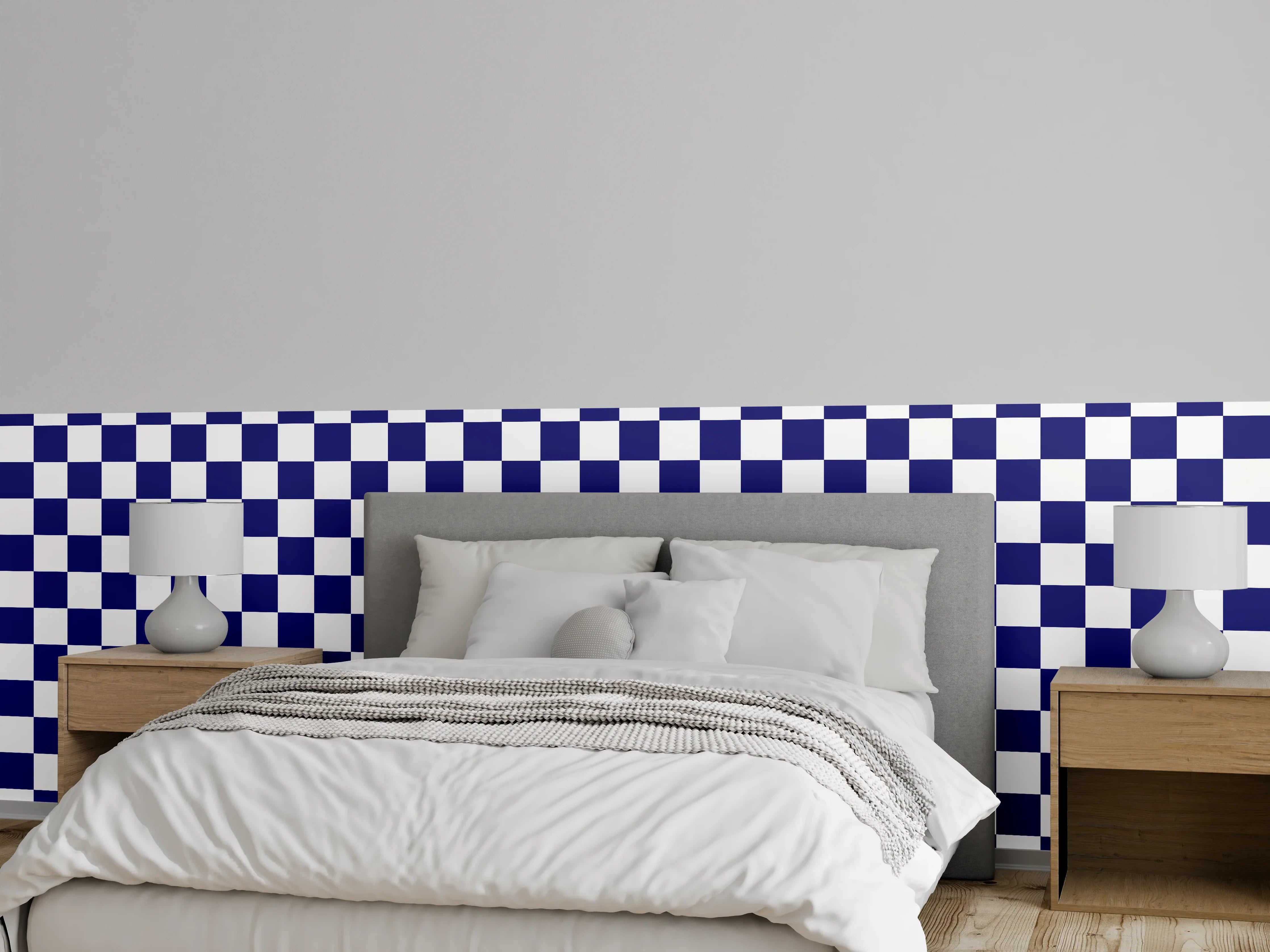 Wandverkleidung Schlafzimmer - Blau-Weiße Karomuster Textilgestaltung