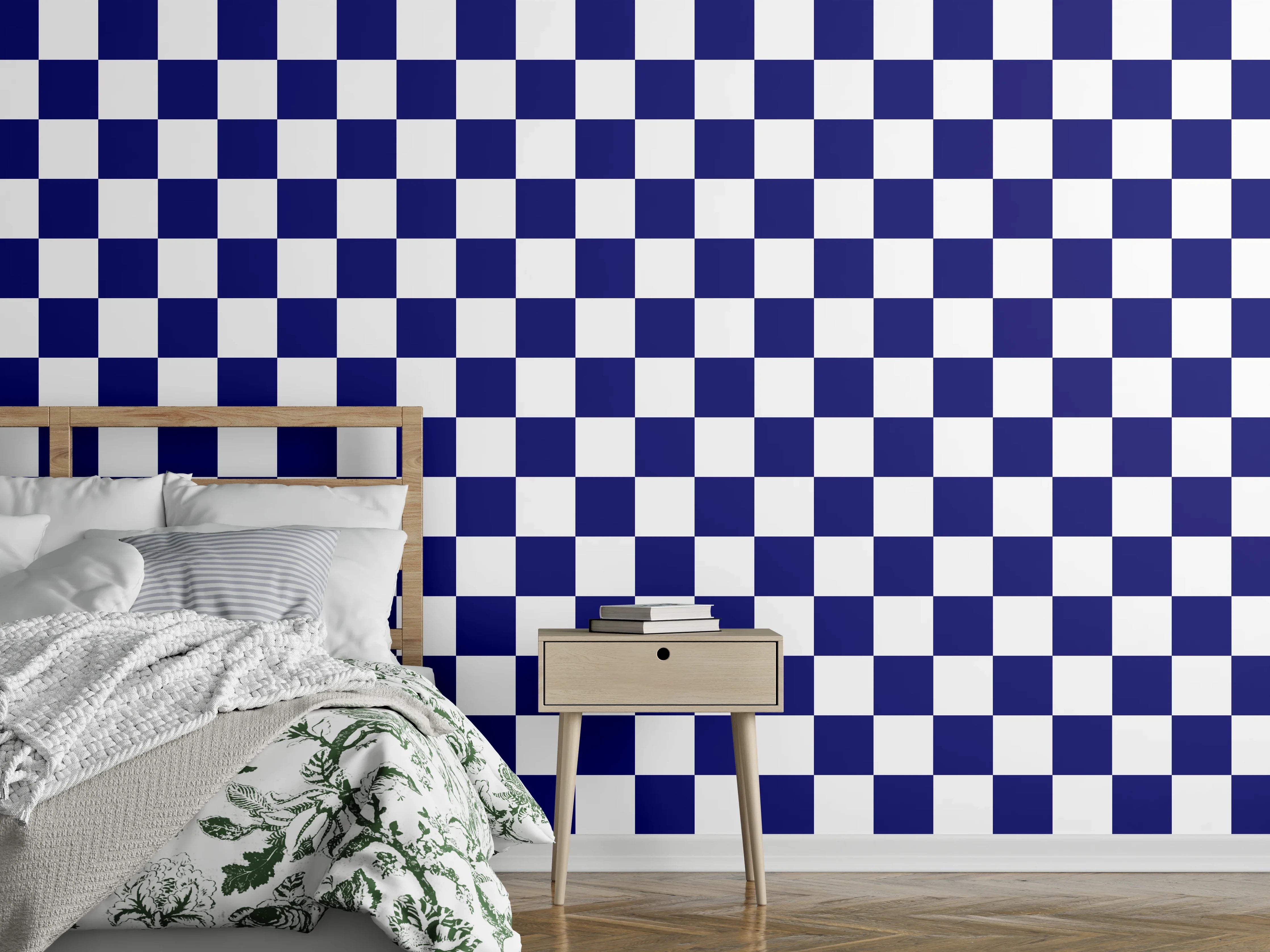 Wandverkleidung Schlafzimmer - Blau-Weiße Karomuster Textilgestaltung