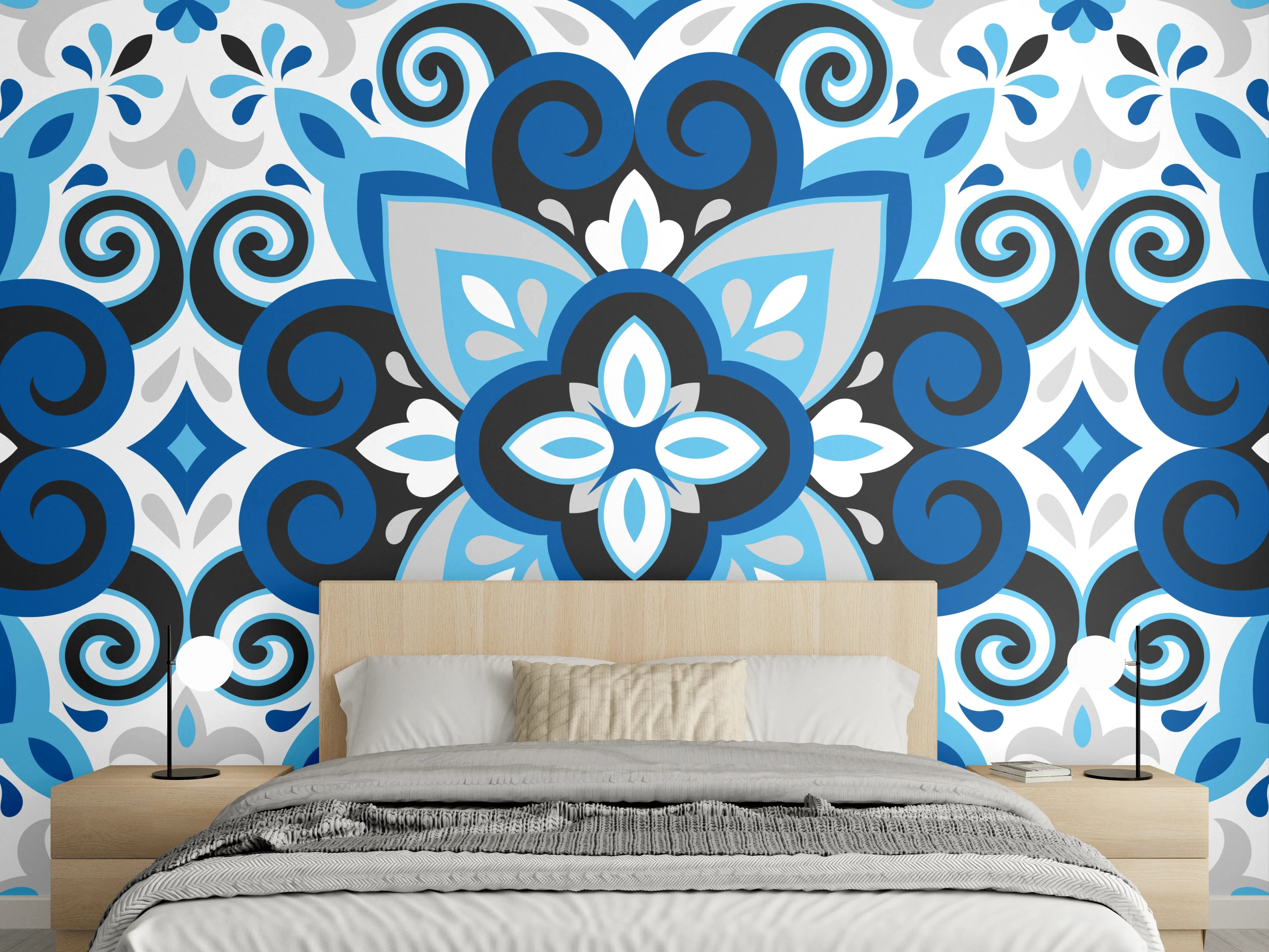 Wandverkleidung Schlafzimmer - Blau-Weißes Mandala Fliesenmuster