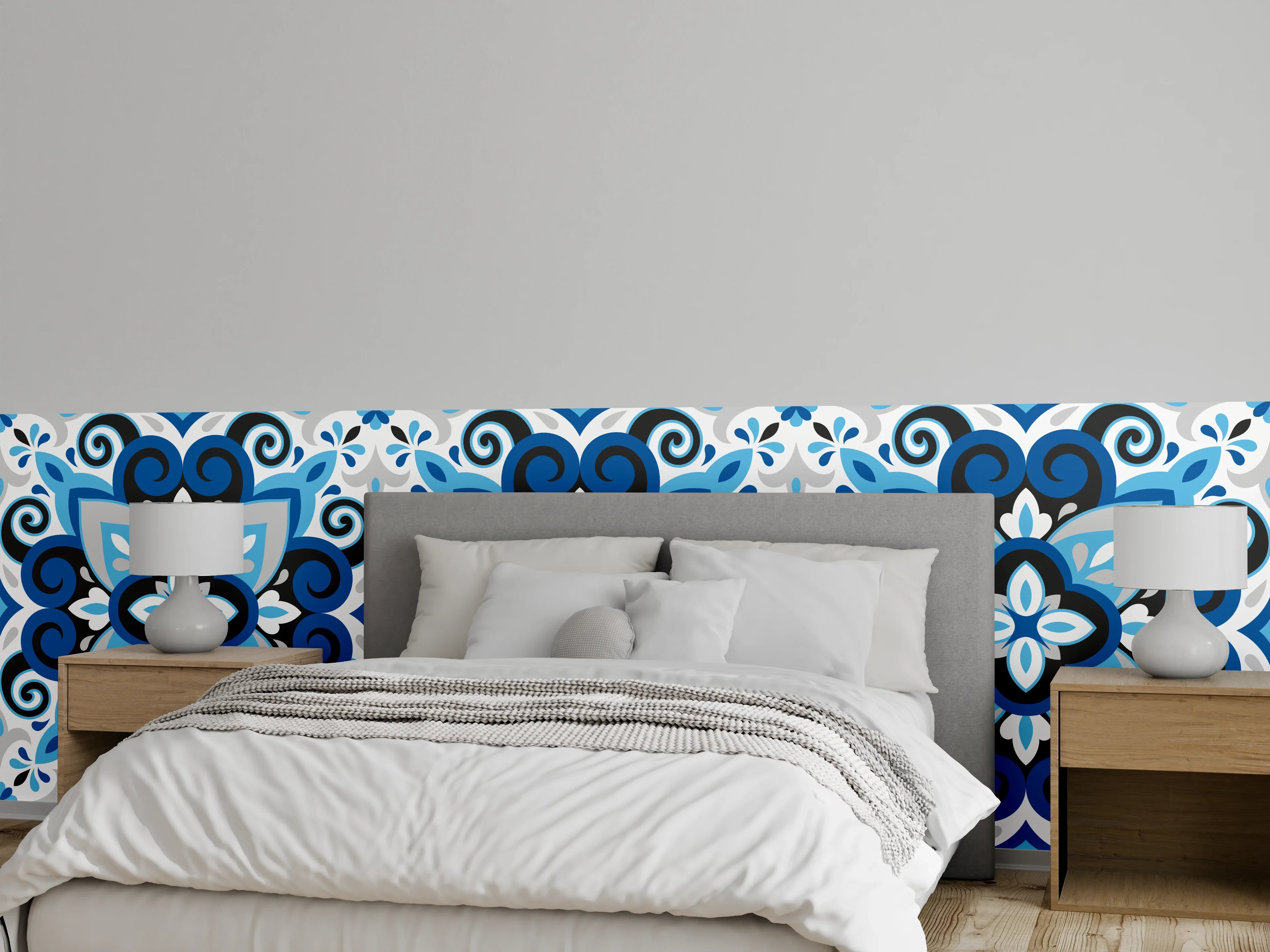 Wandverkleidung Schlafzimmer - Blau-Weißes Mandala Fliesenmuster