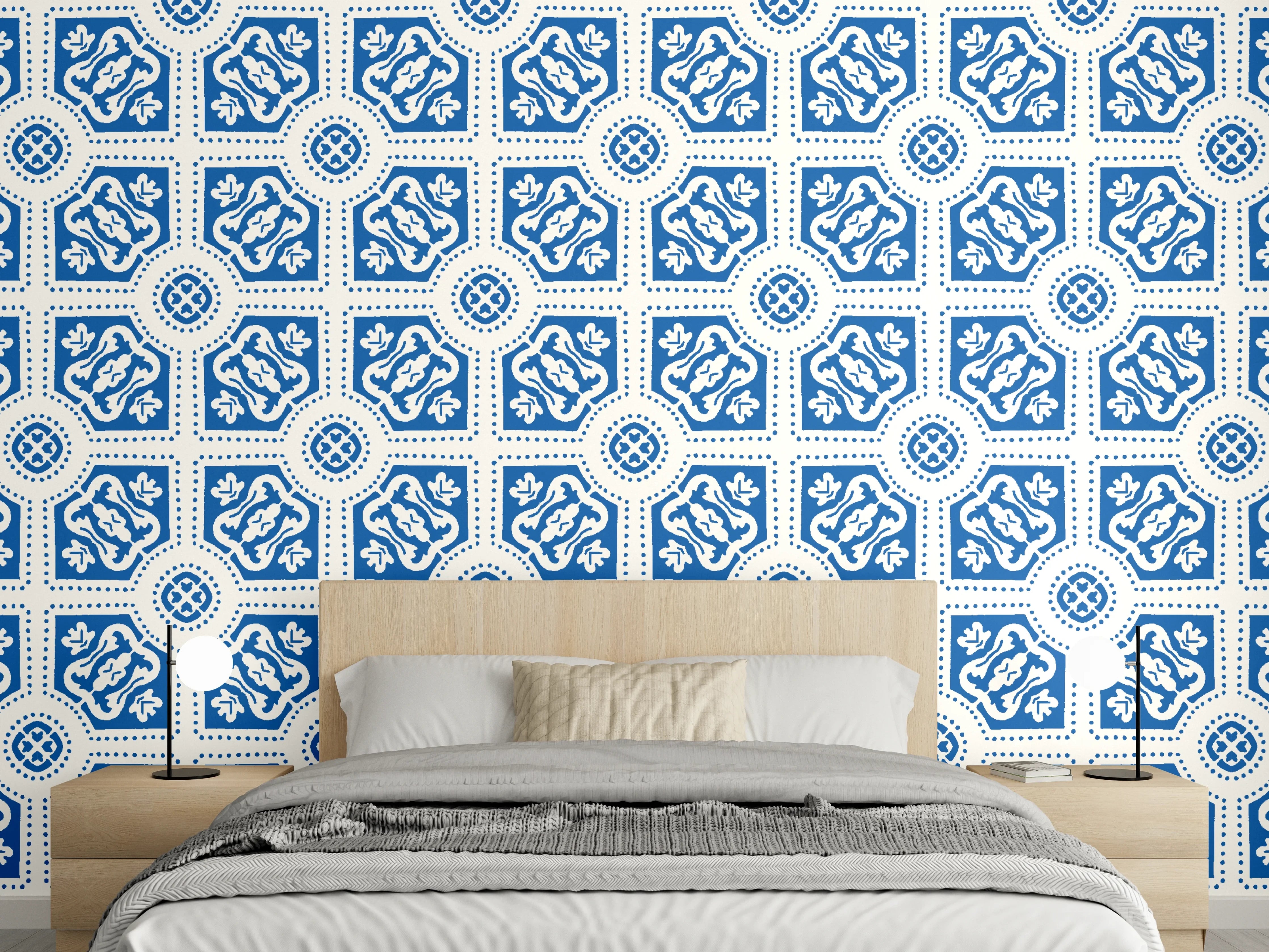 Wandverkleidung Schlafzimmer - Blau-Weißes geometrisches Muster mit zarten Grautönen