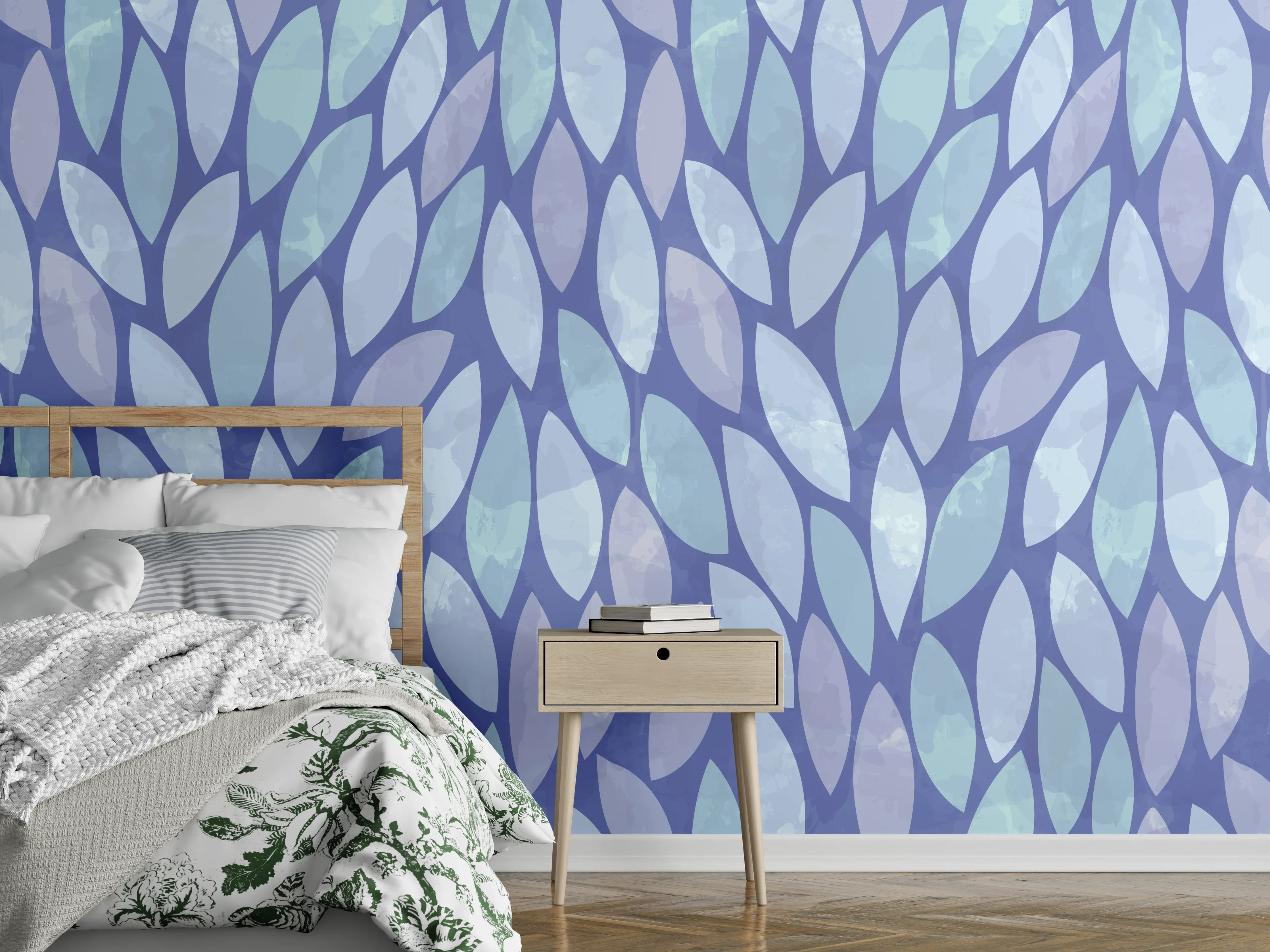 Wandverkleidung Schlafzimmer - Blau-lila Blattmuster modern