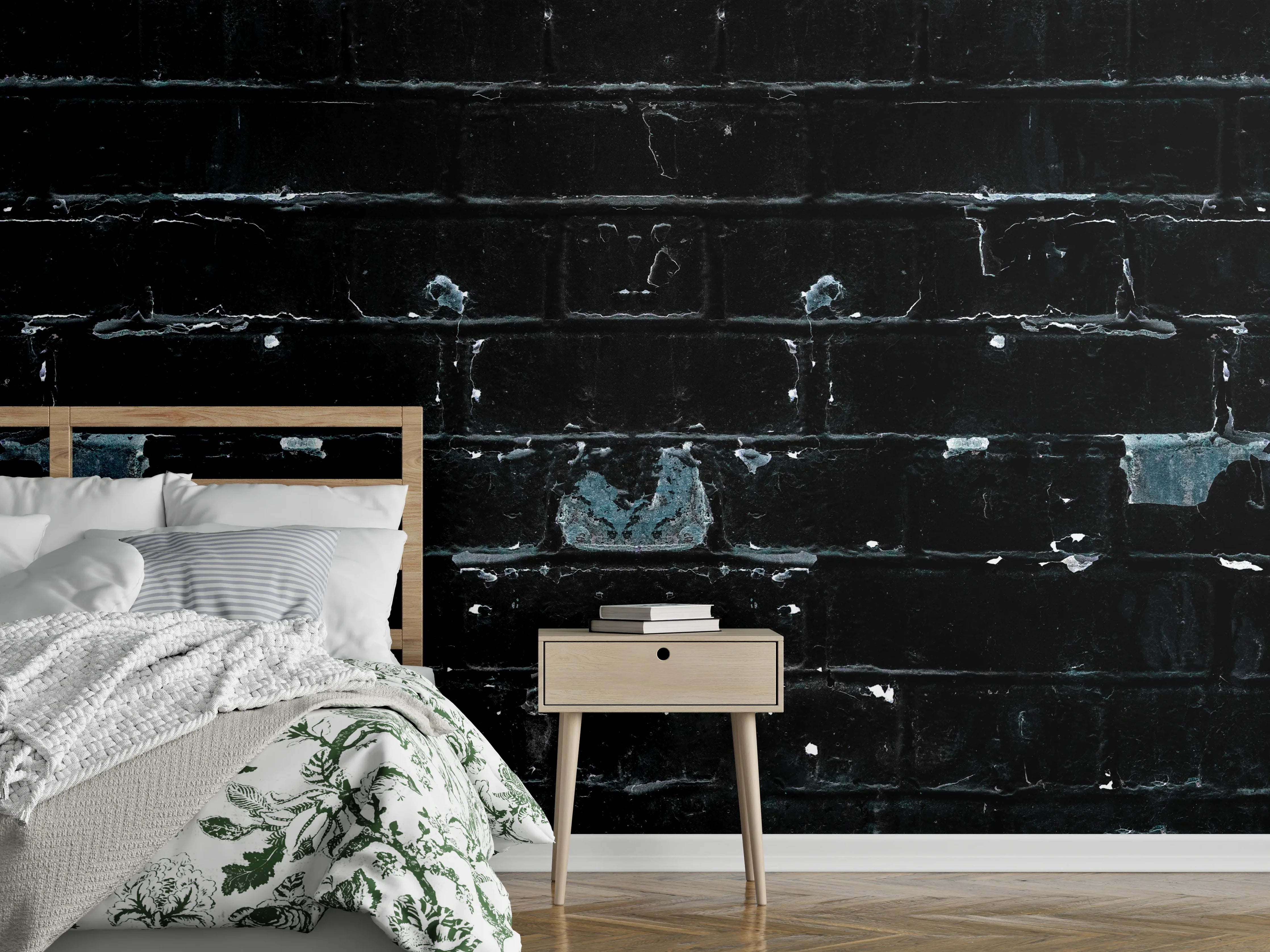 Wandverkleidung Schlafzimmer - Blau schwarz beschädigte Ziegelwand
