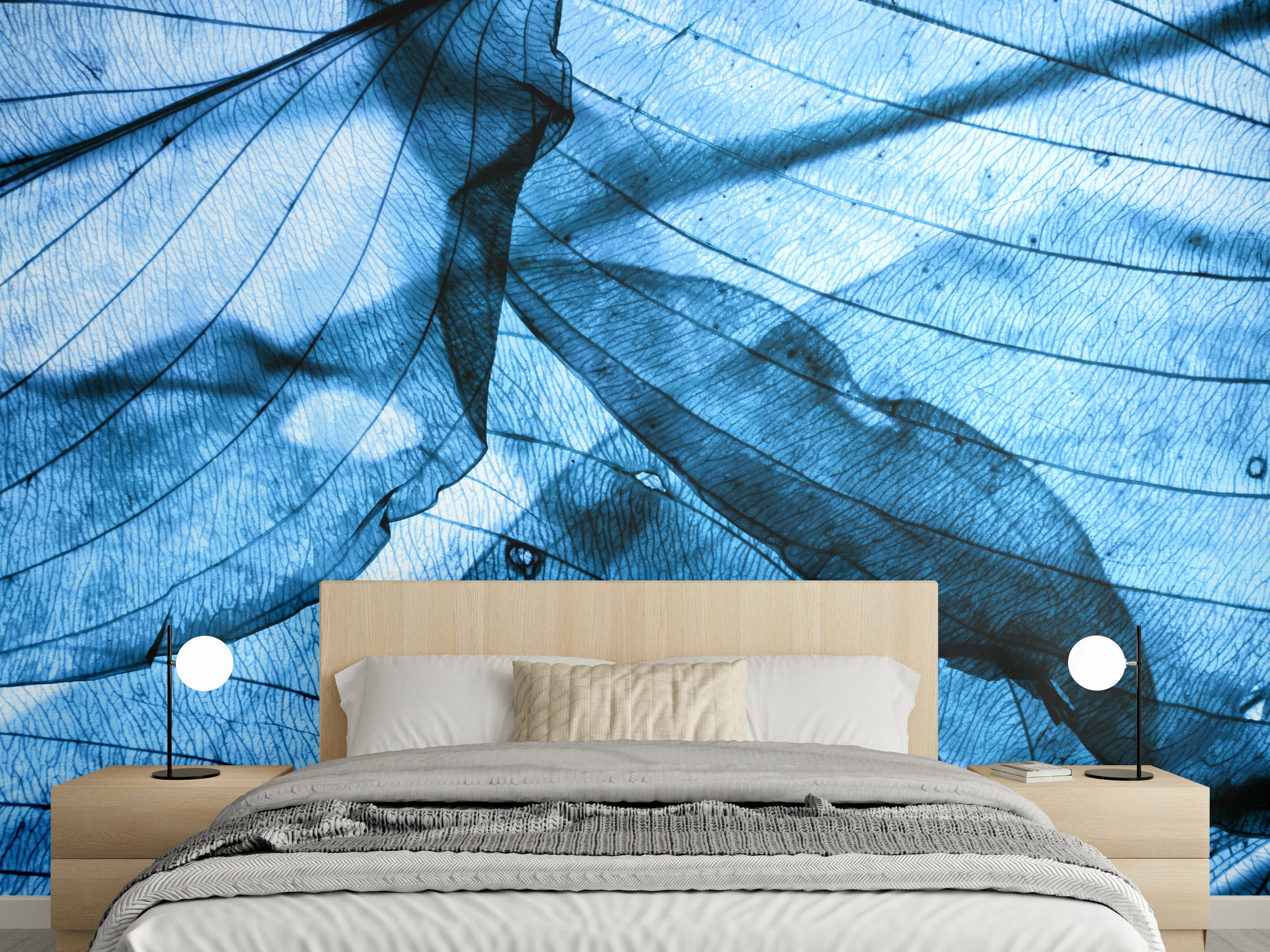 Wandverkleidung Schlafzimmer - Blau transparentes Blattmuster modern