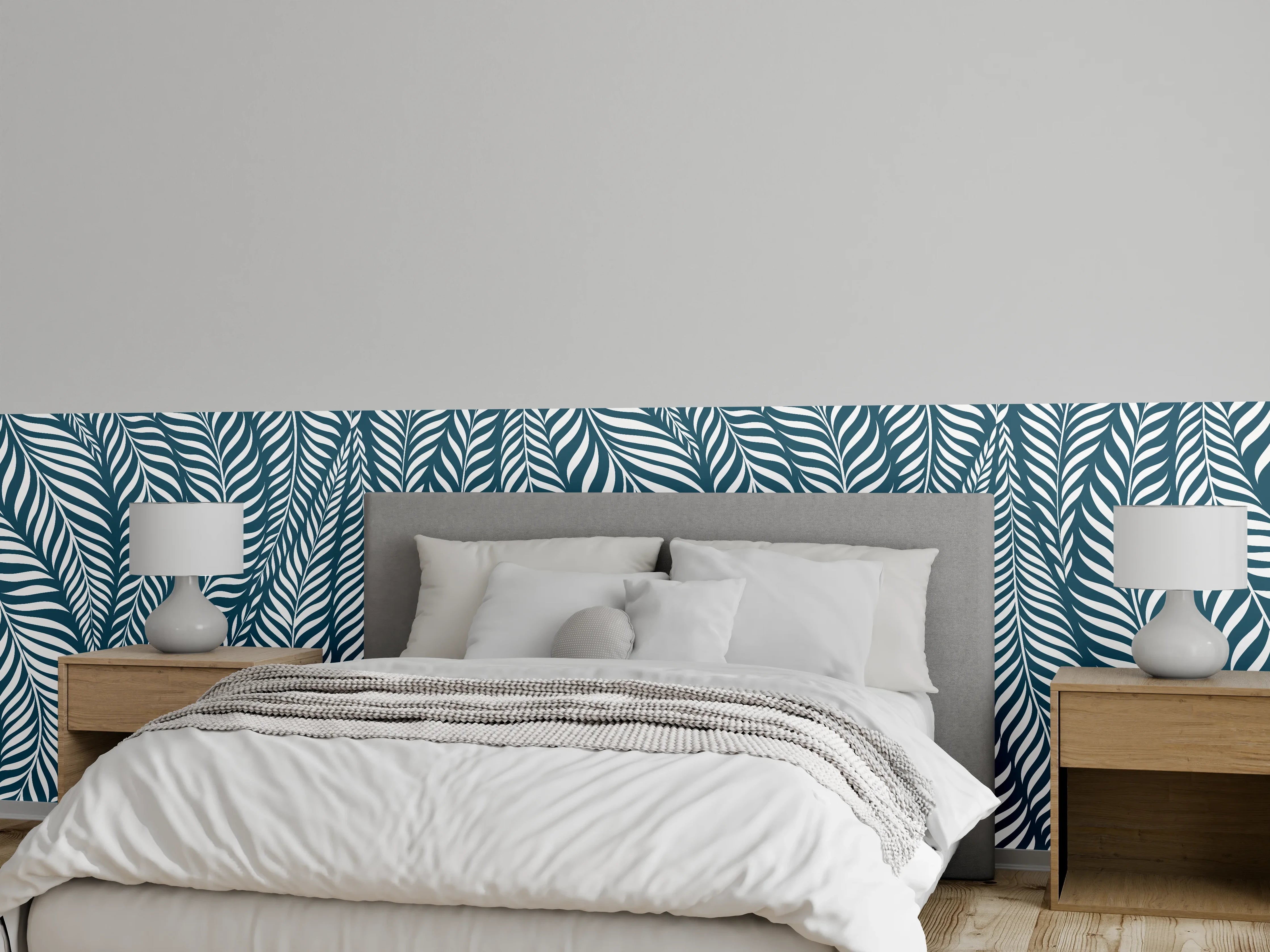 Wandverkleidung Schlafzimmer - Blau-weißes Blättermuster Tapete modern