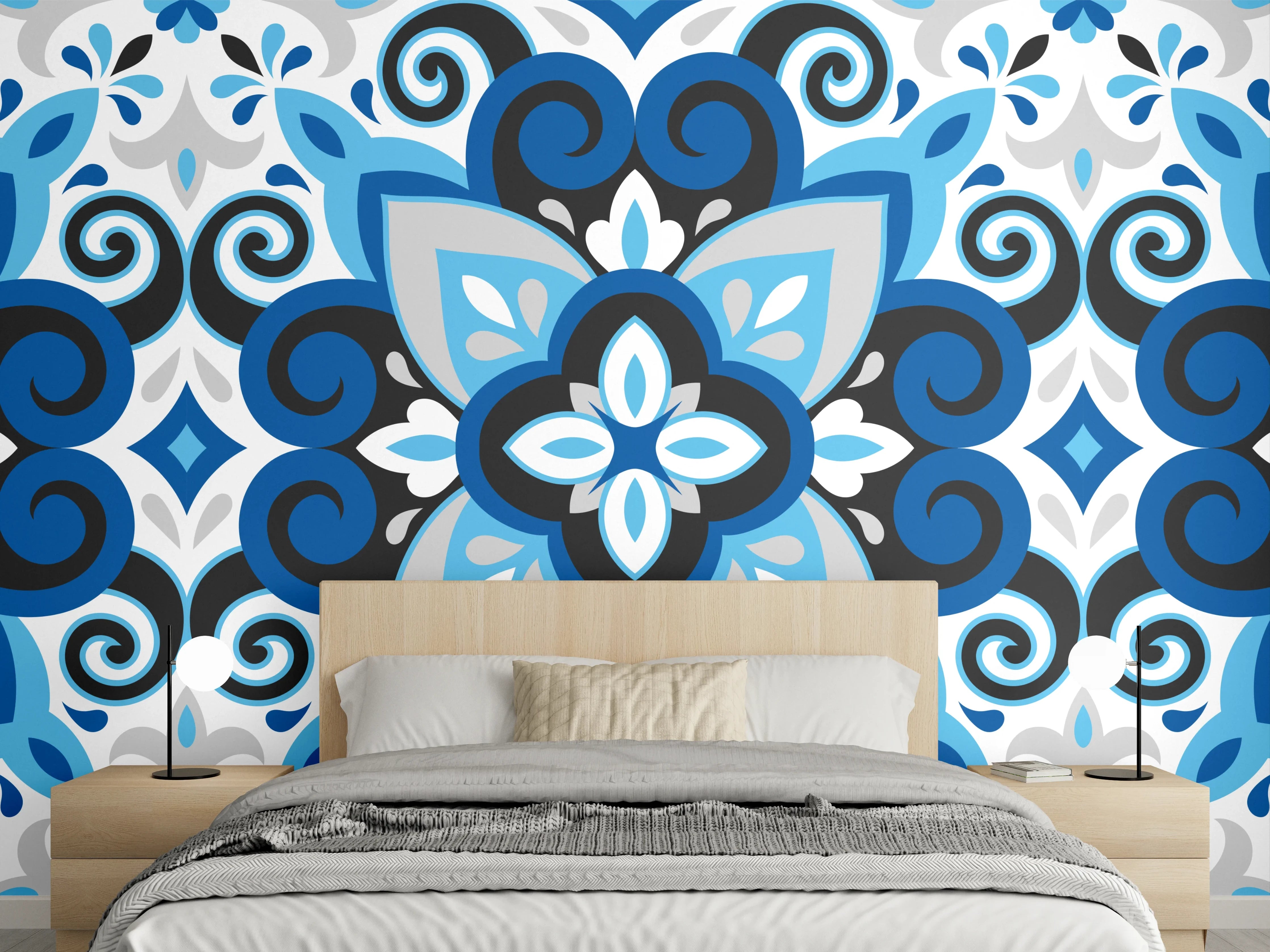 Wandverkleidung Schlafzimmer - Blau-weißes Musterdesign mit subtilen Grautönen