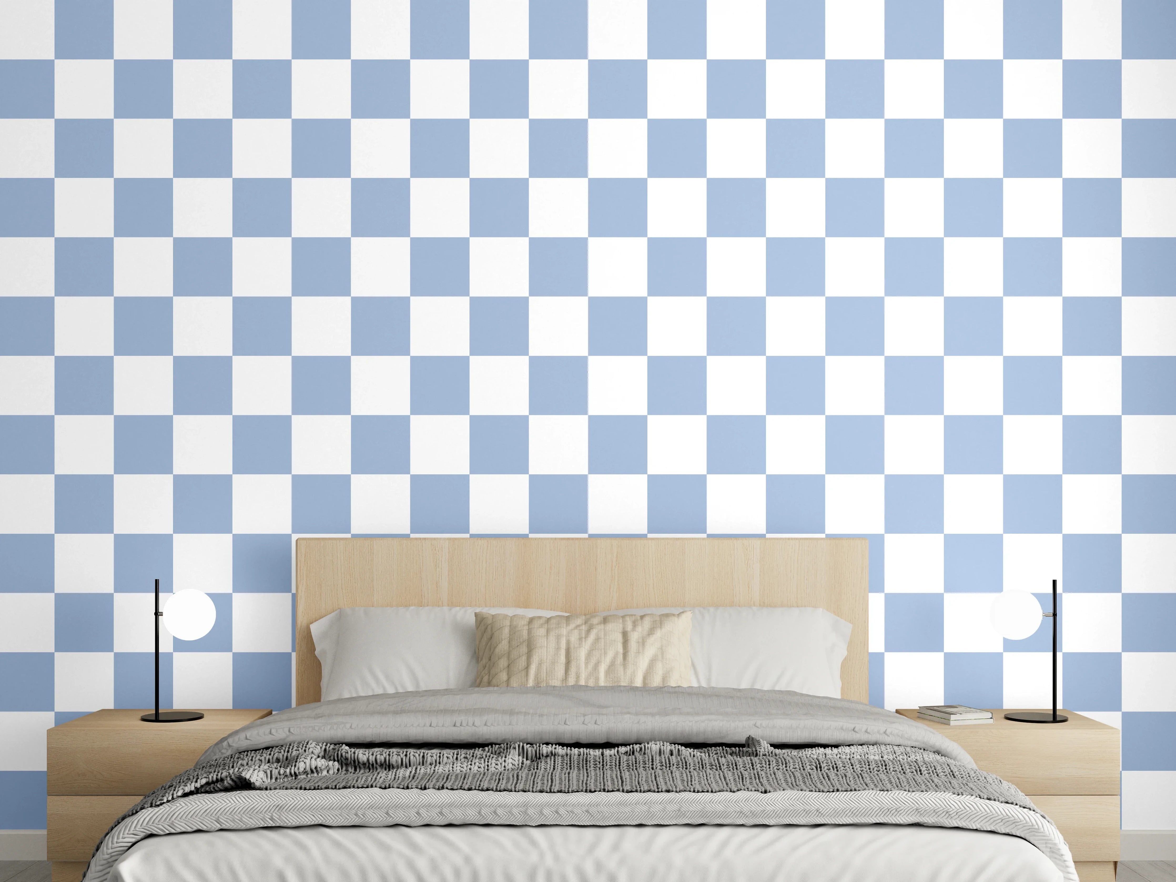 Wandverkleidung Schlafzimmer - Blau-weißes Schachbrettmuster klassisch