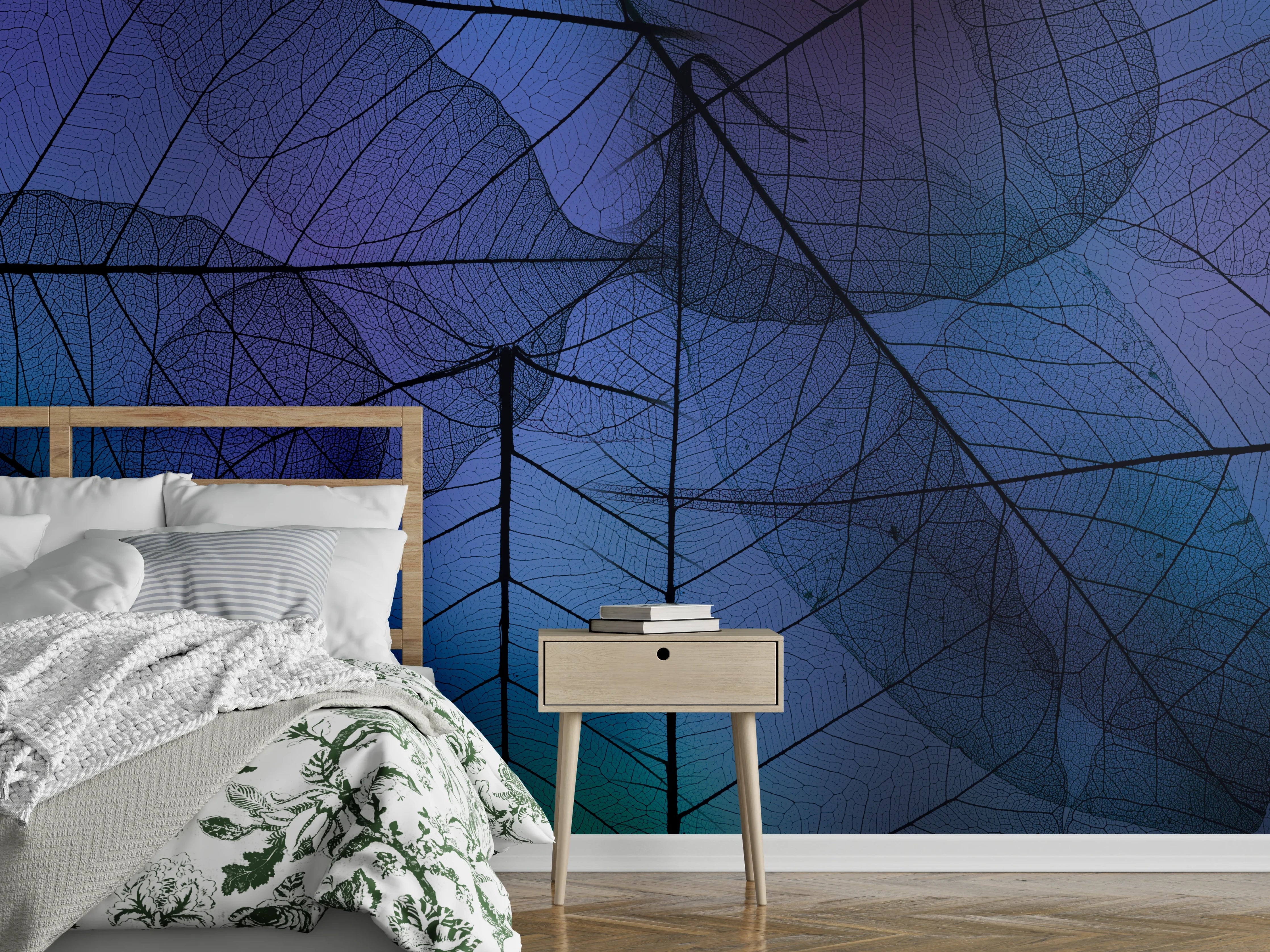 Wandverkleidung Schlafzimmer - Blaue Blattadern Textur Makro