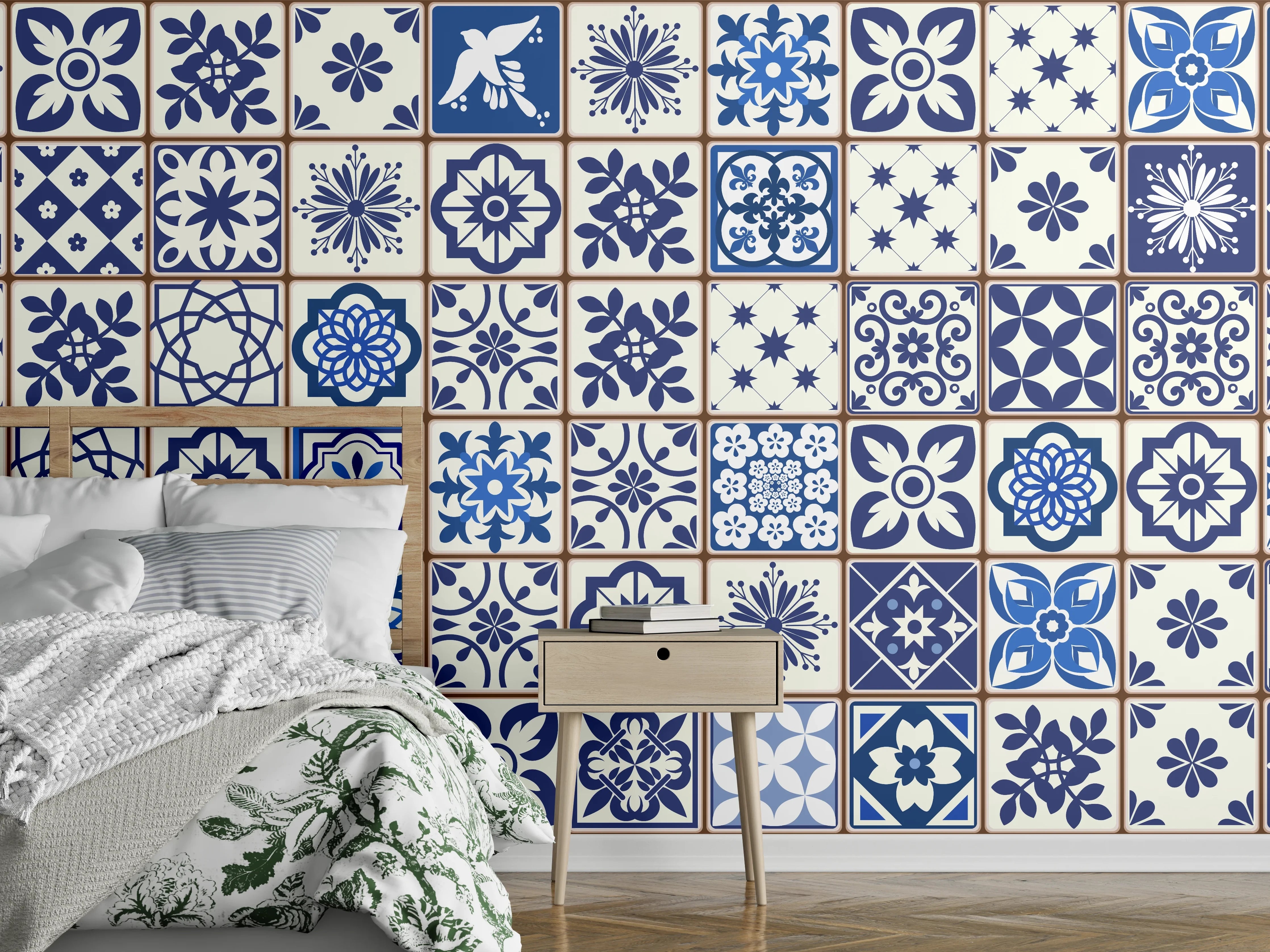 Wandverkleidung Schlafzimmer - Blaue Keramik-Fliesen Muster