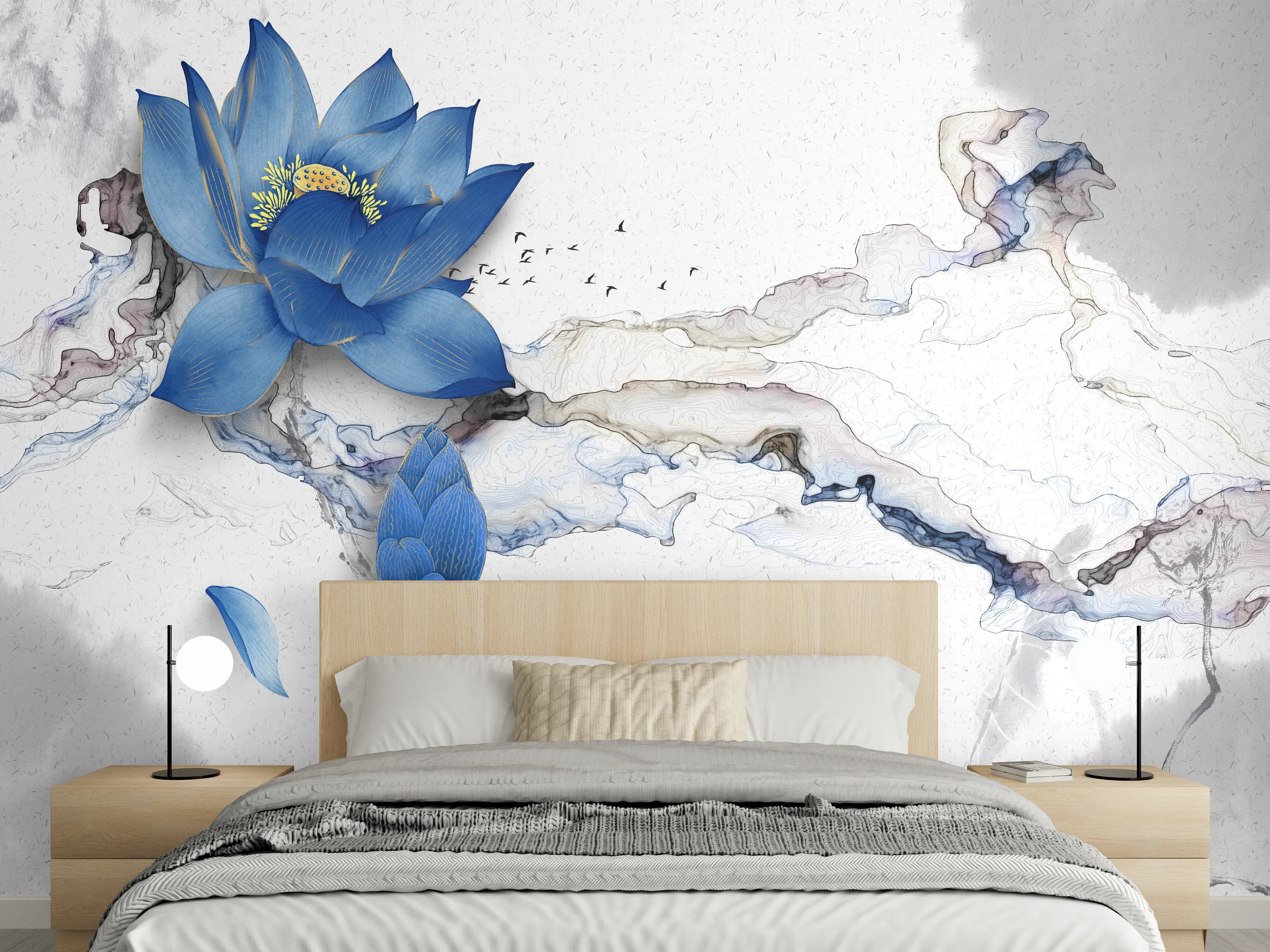 Wandverkleidung Schlafzimmer - Blaue Lotus auf Marmor – Wandbild