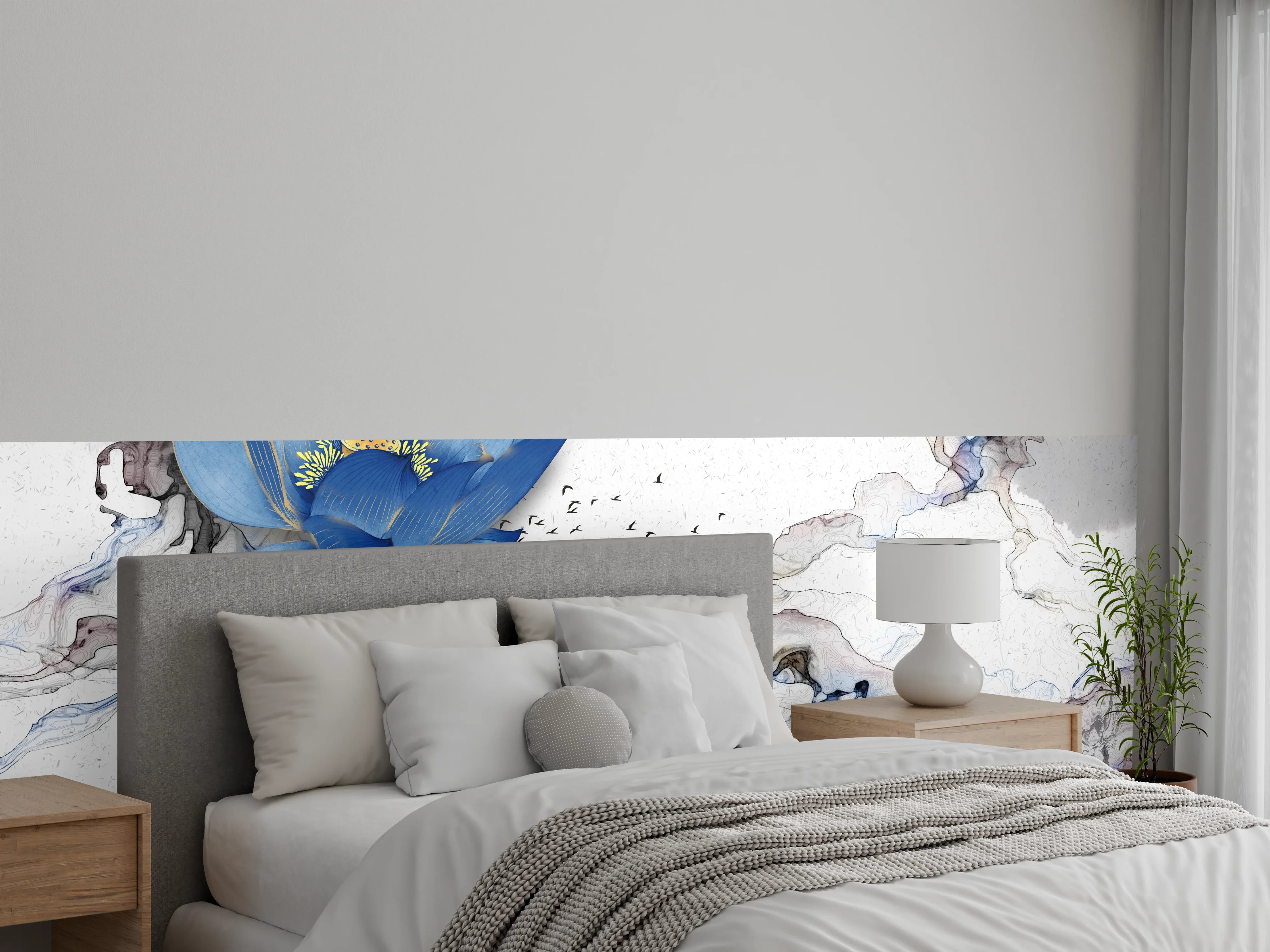Wandverkleidung Schlafzimmer - Blaue Lotus auf Marmor – Wandbild