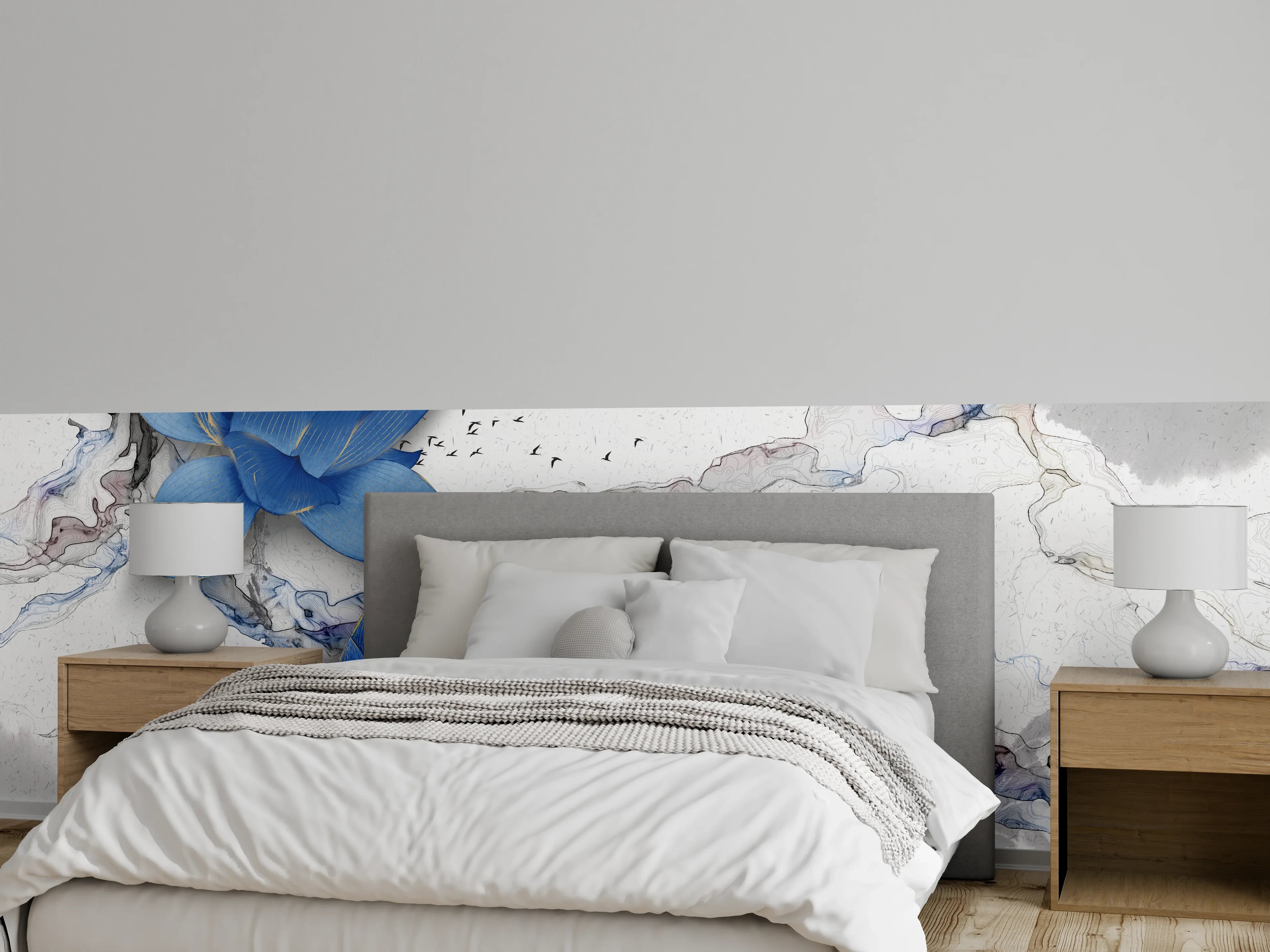 Wandverkleidung Schlafzimmer - Blaue Lotus auf Marmor – Wandbild