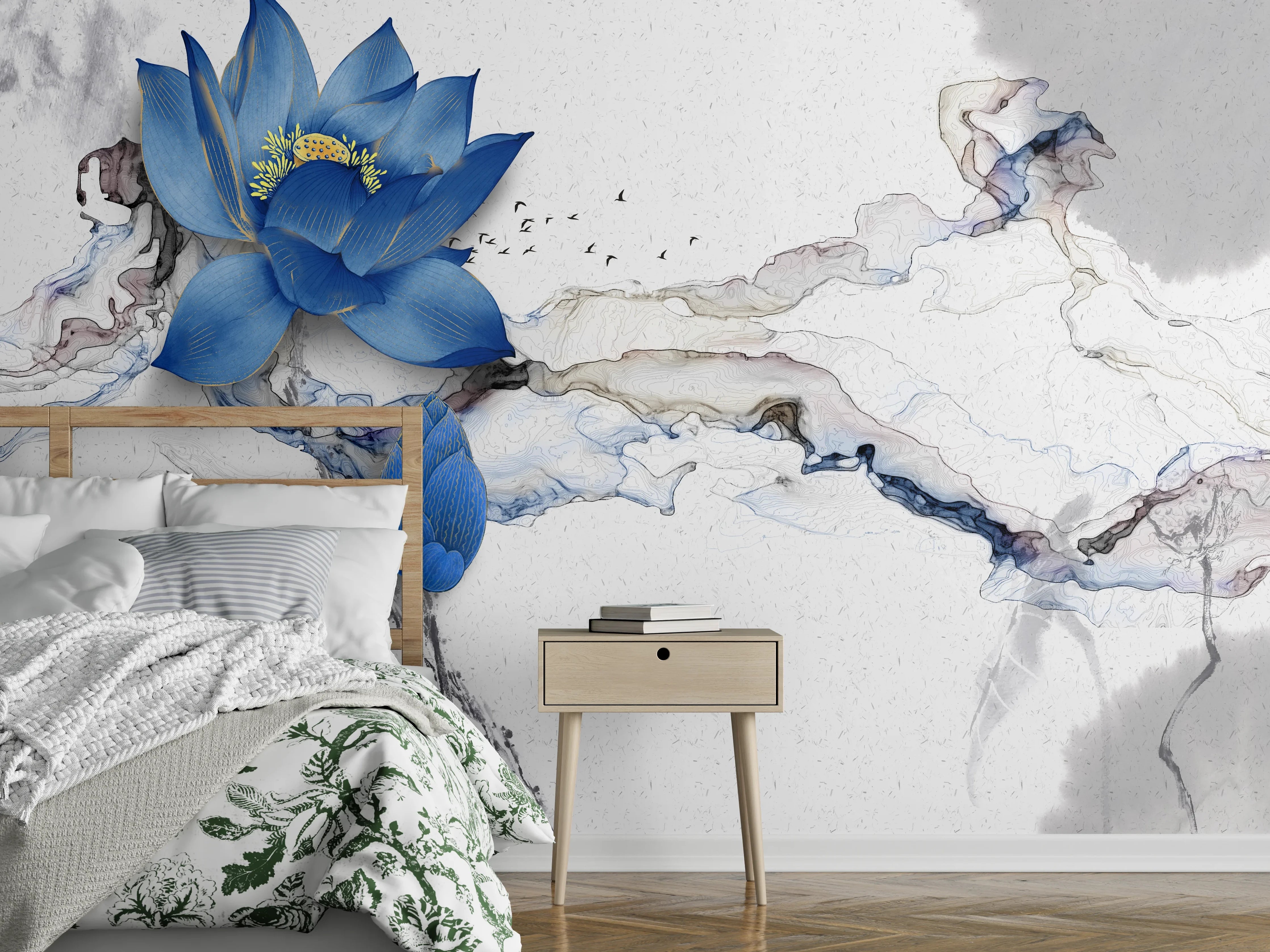 Wandverkleidung Schlafzimmer - Blaue Lotus auf Marmor – Wandbild