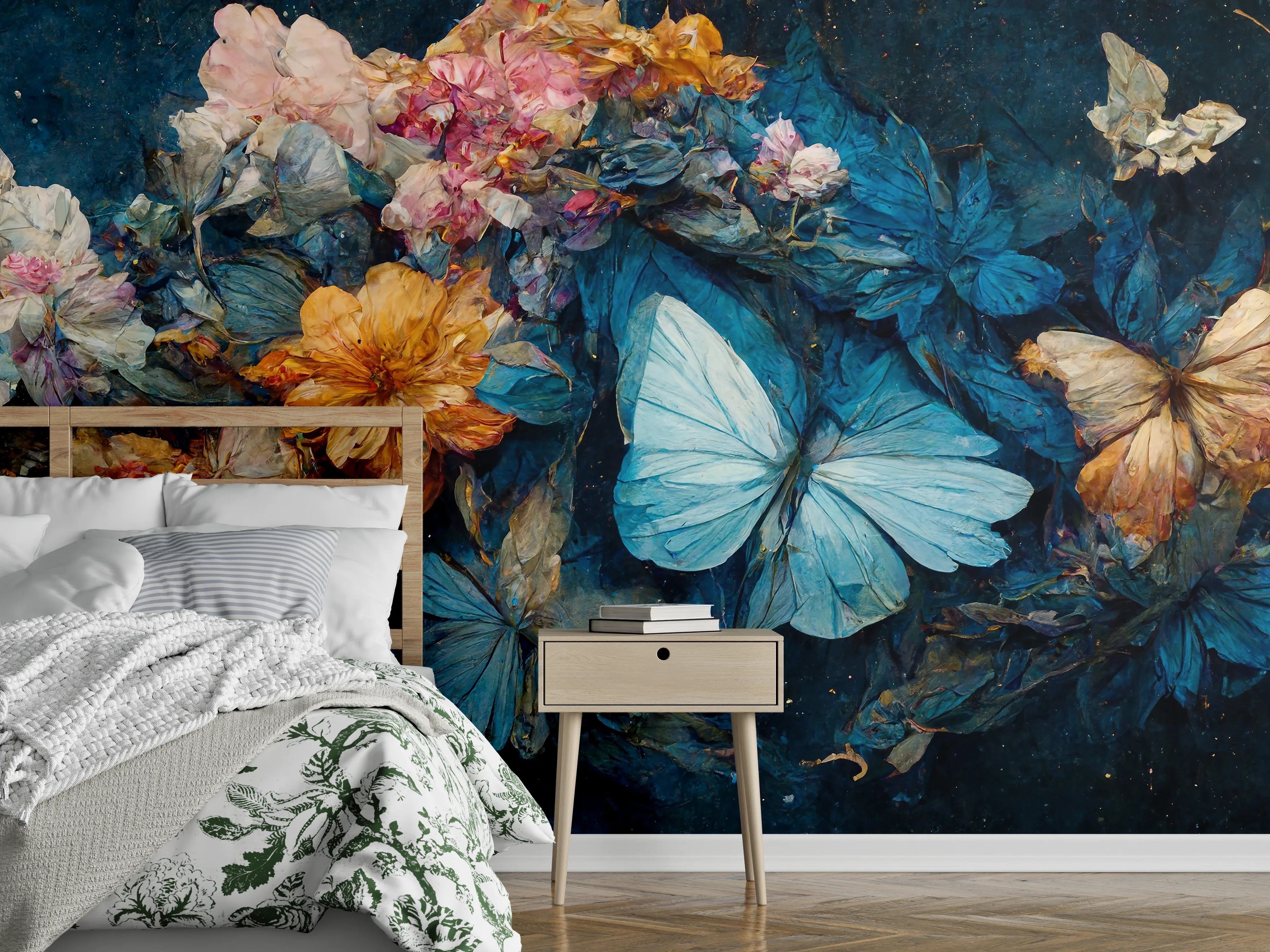 Wandverkleidung Schlafzimmer - Blaue Schmetterlinge mit Blumenpracht