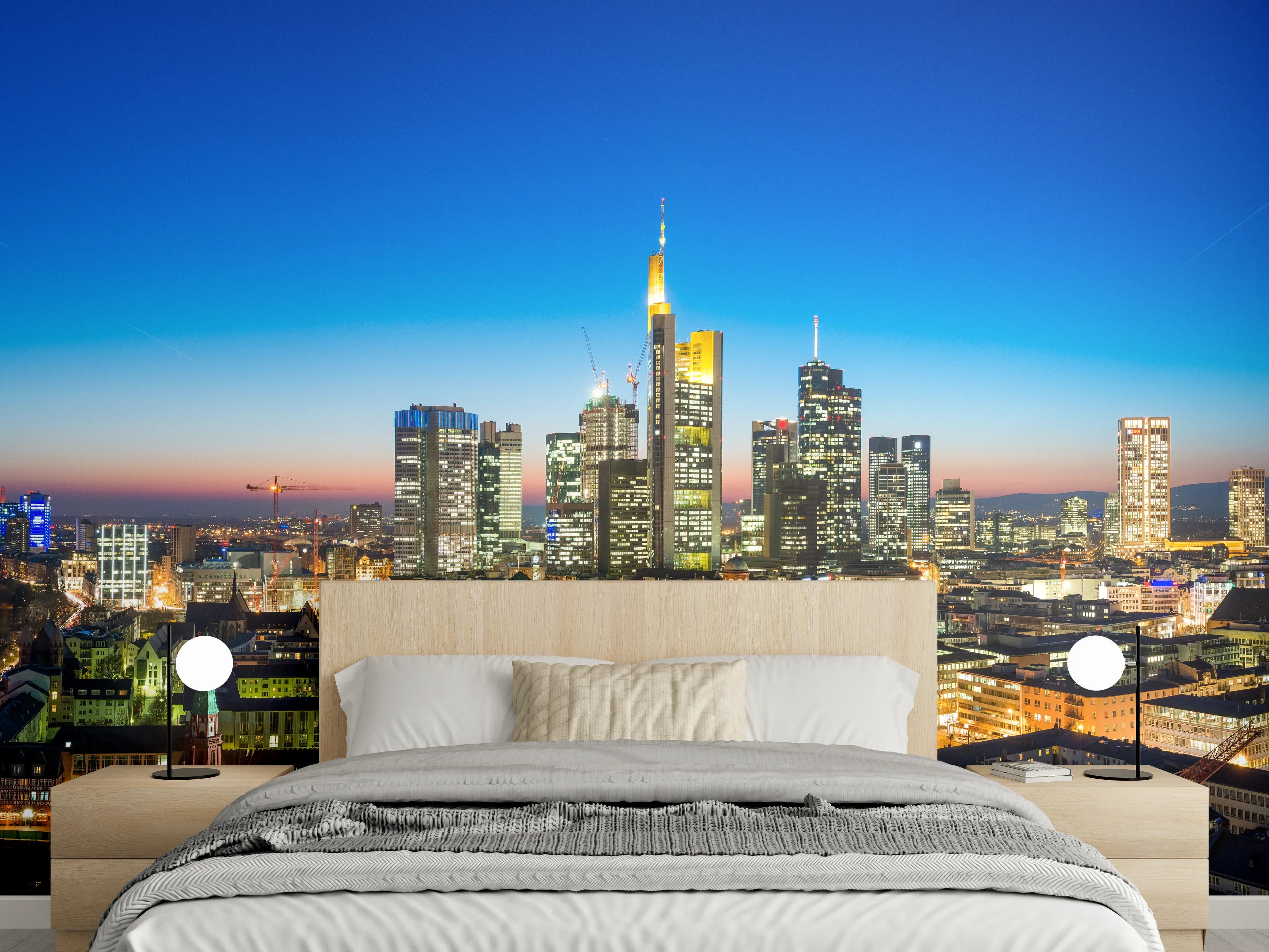Wandverkleidung Schlafzimmer - Blaue Skyline bei Abenddämmerung