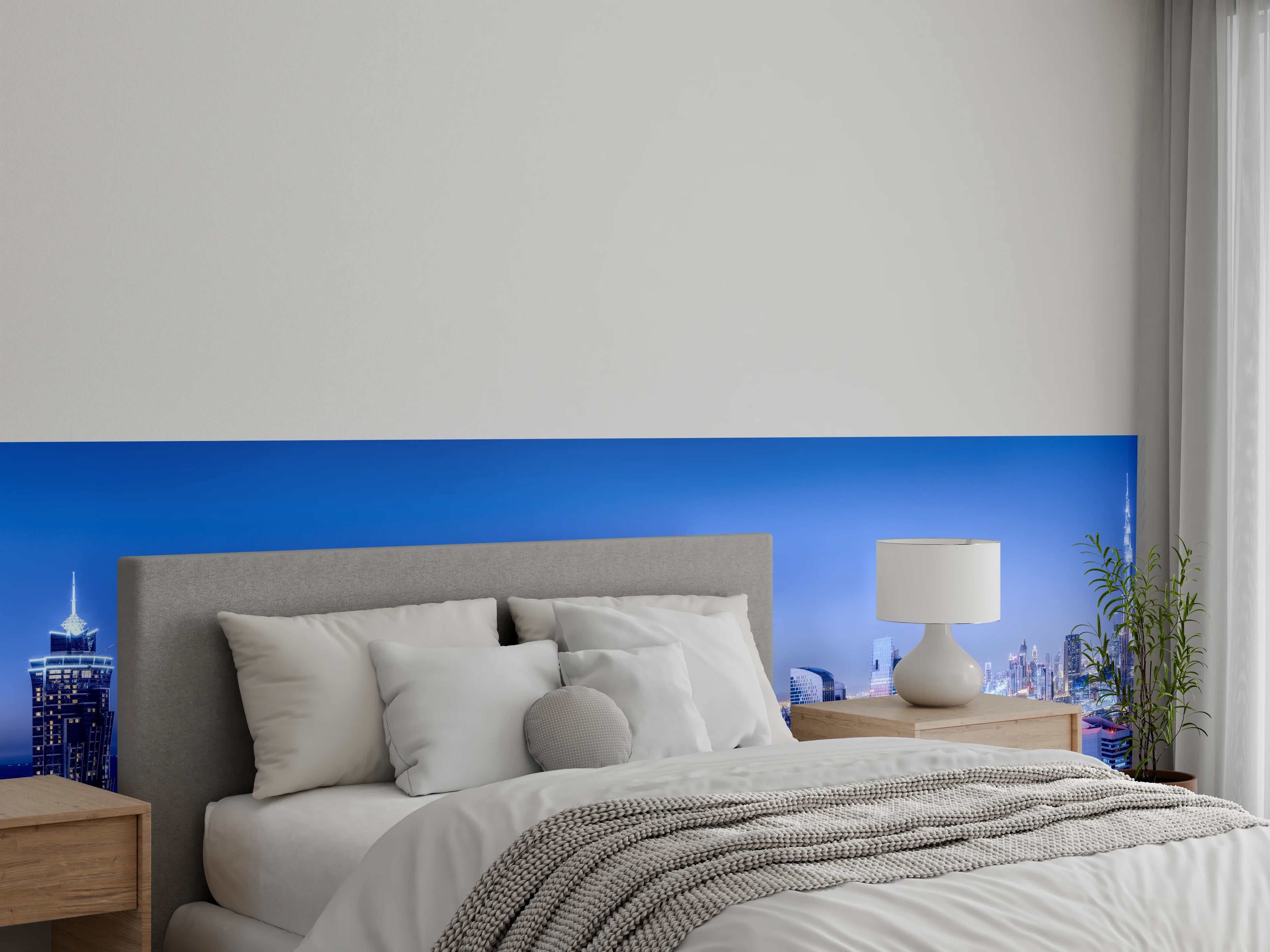Wandverkleidung Schlafzimmer - Blaue Skyline bei Nacht