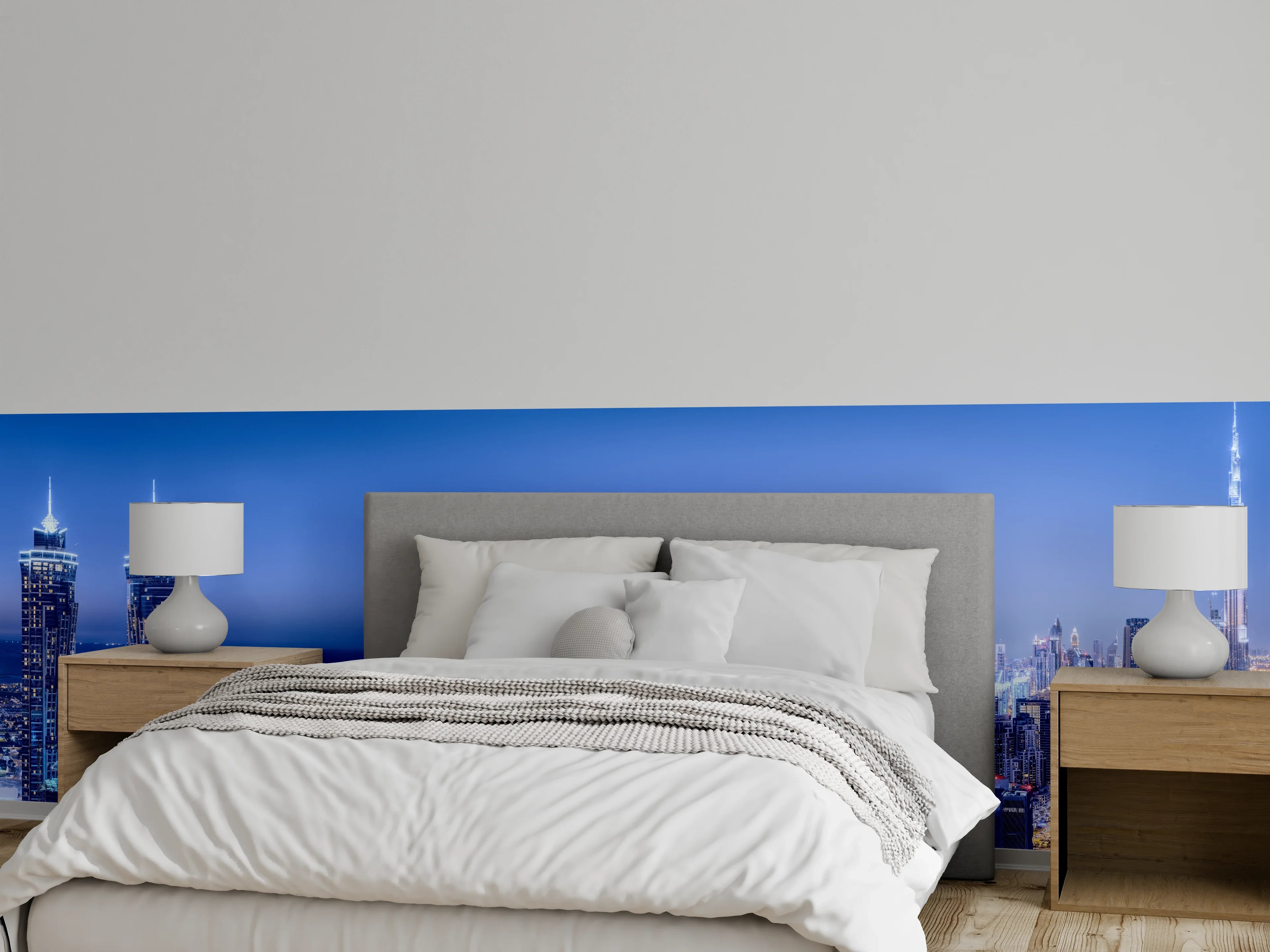 Wandverkleidung Schlafzimmer - Blaue Skyline bei Nacht