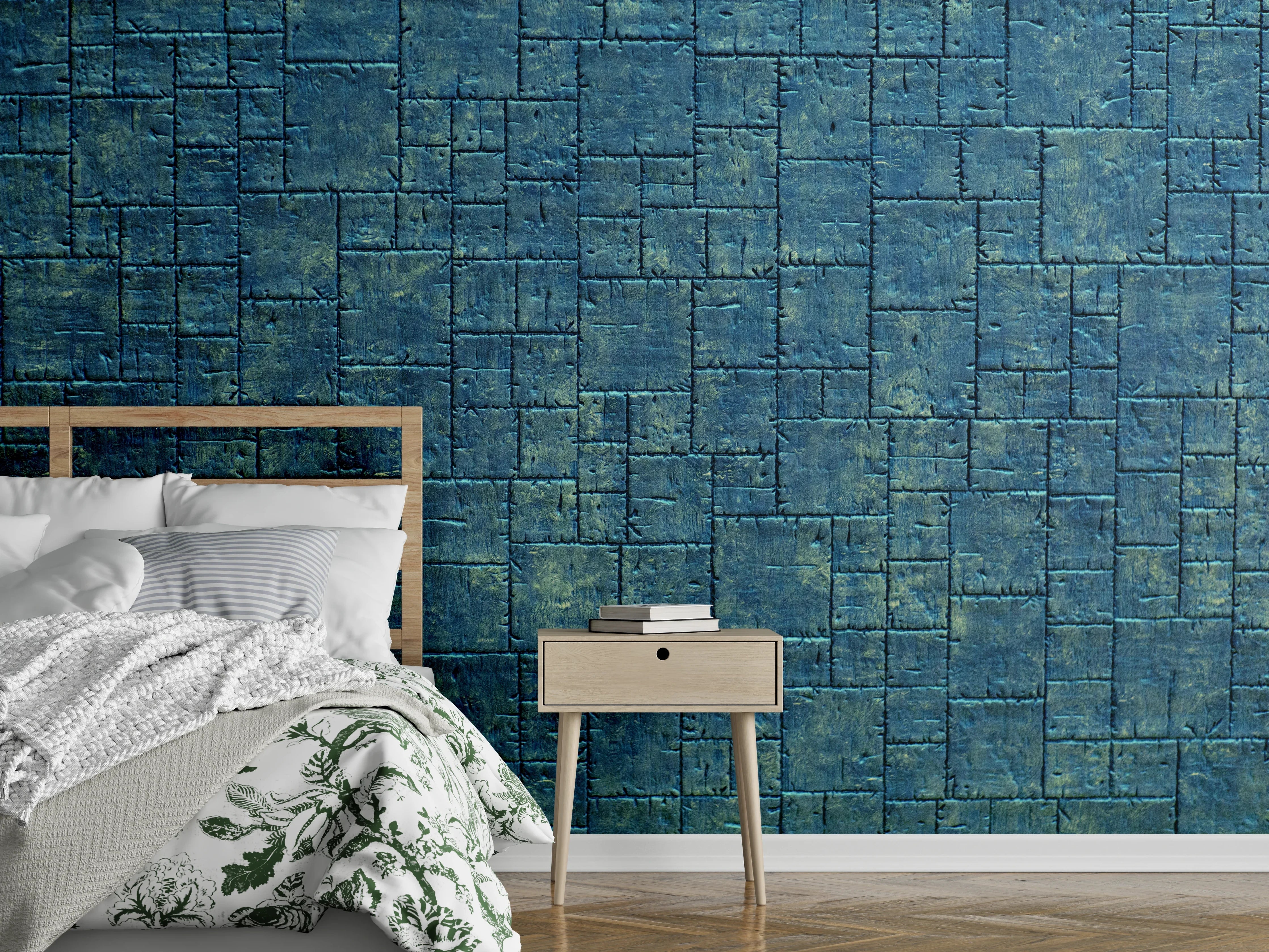 Wandverkleidung Schlafzimmer - Blaue Steinwand mit Muster