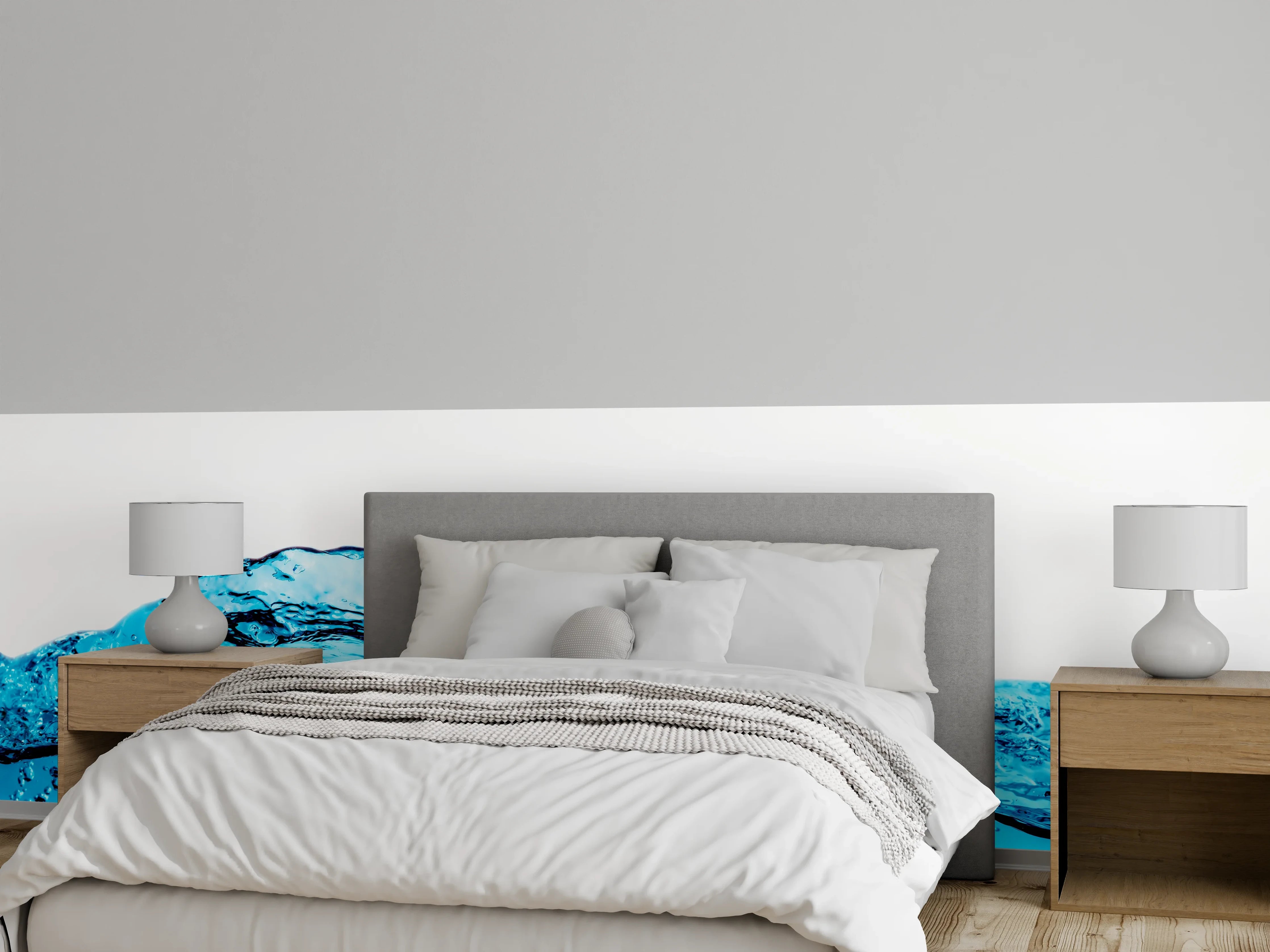 Wandverkleidung Schlafzimmer - Blaue Wasserwelle mit Bläschen