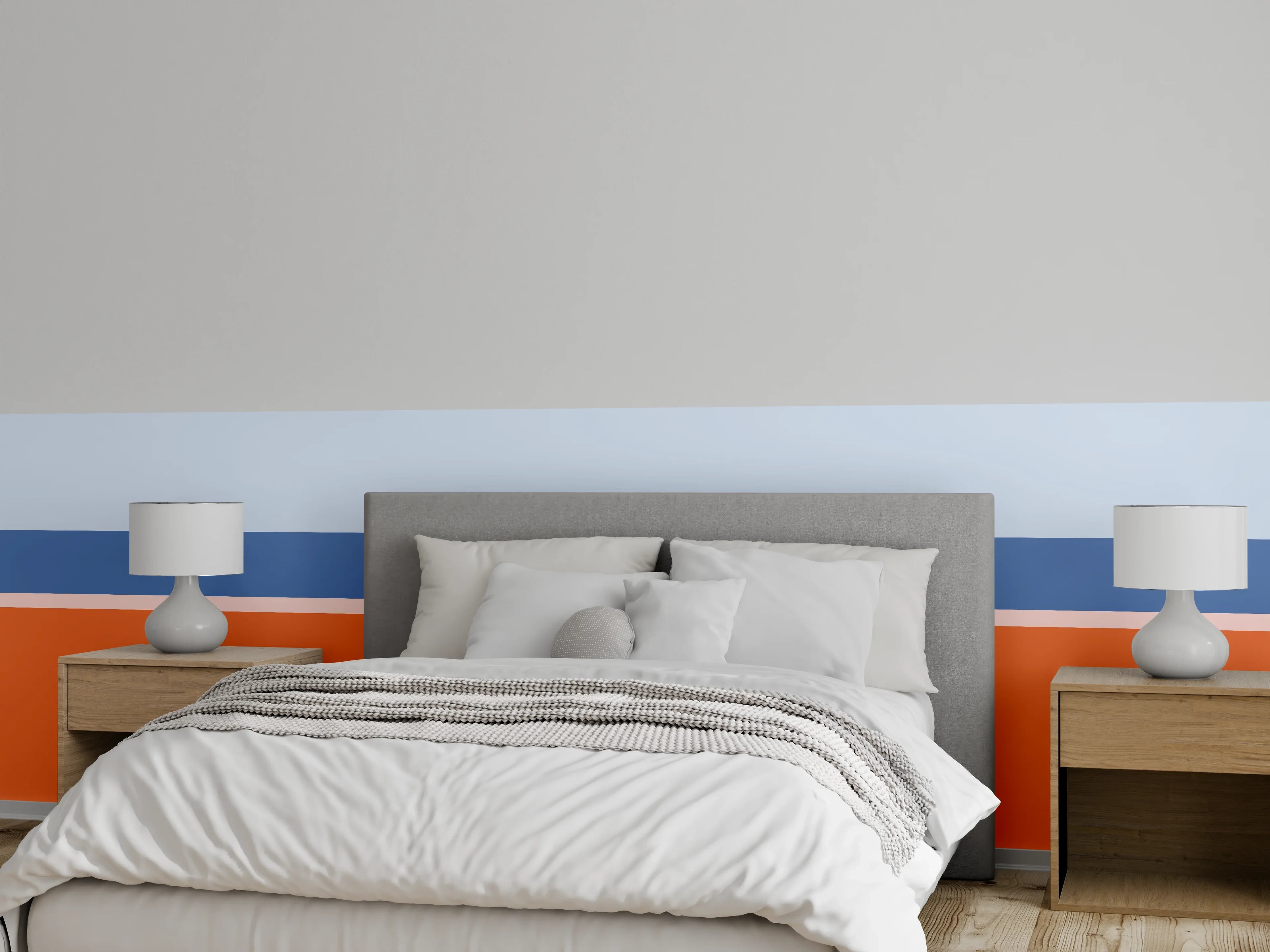 Wandverkleidung Schlafzimmer - Blaue und orangefarbene Streifen
