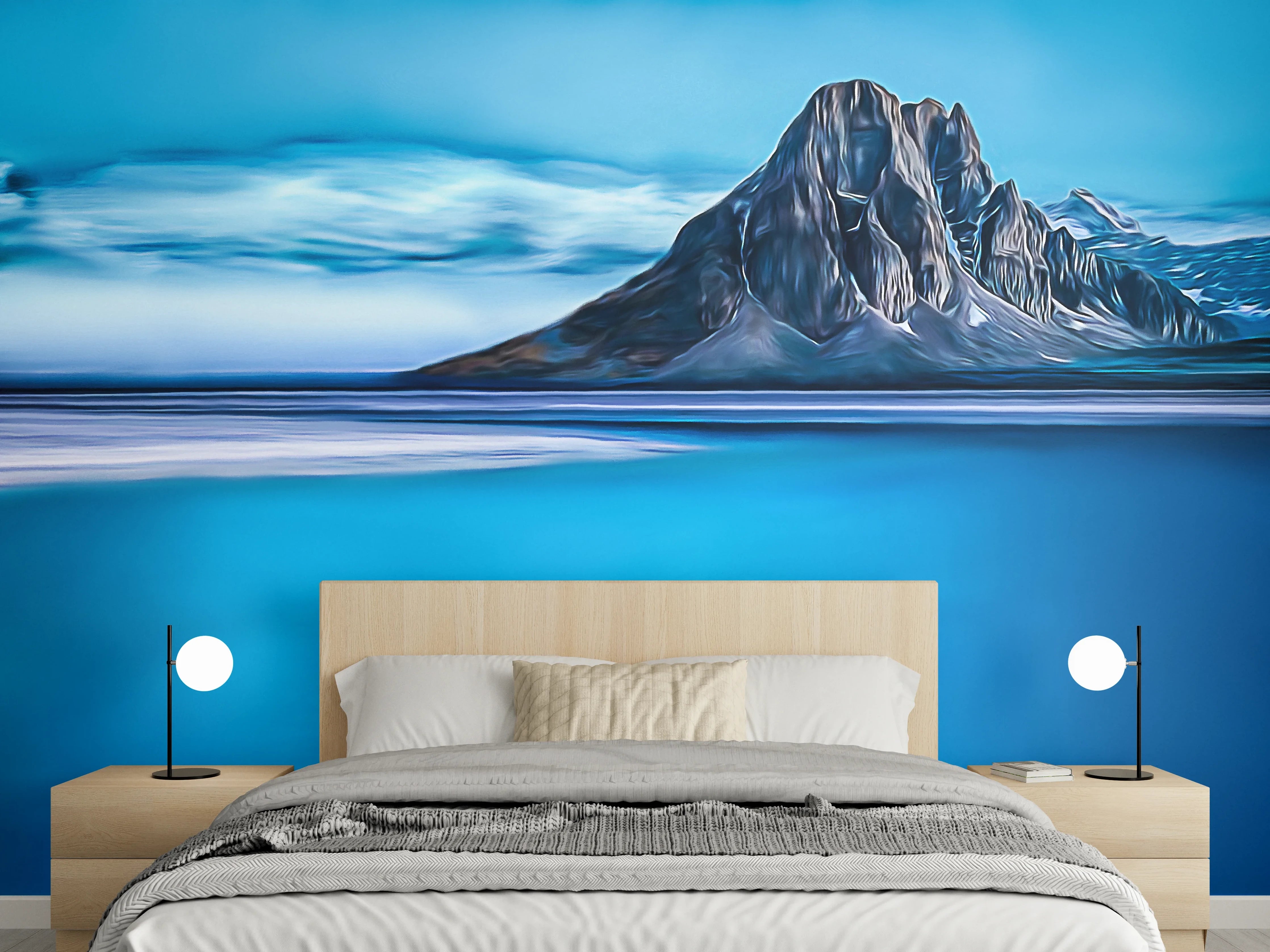 Wandverkleidung Schlafzimmer - Blauer Bergsee mit majestätischem Felsmassiv