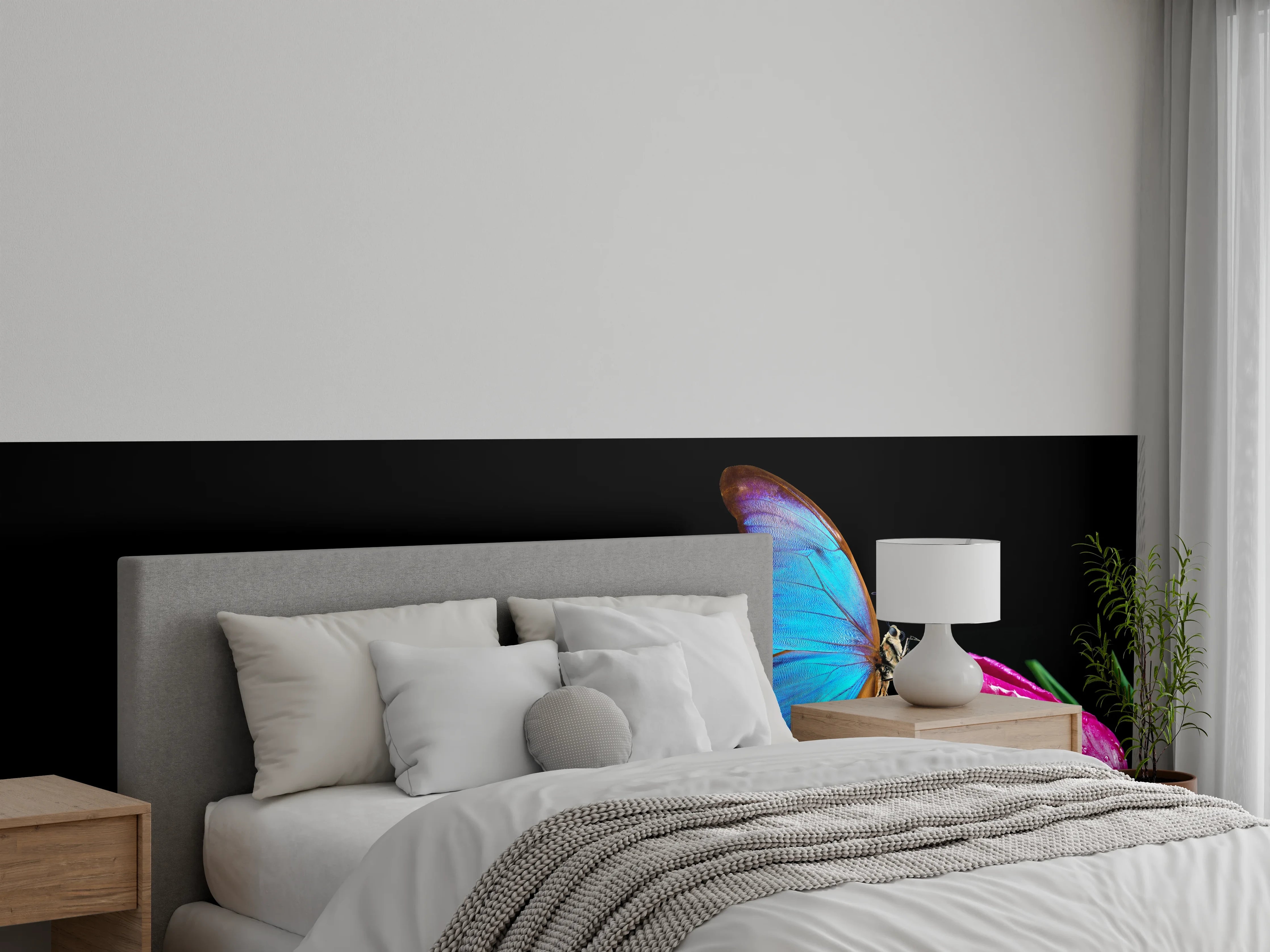 Wandverkleidung Schlafzimmer - Blauer Morphofalter - schwarzer Hintergrund