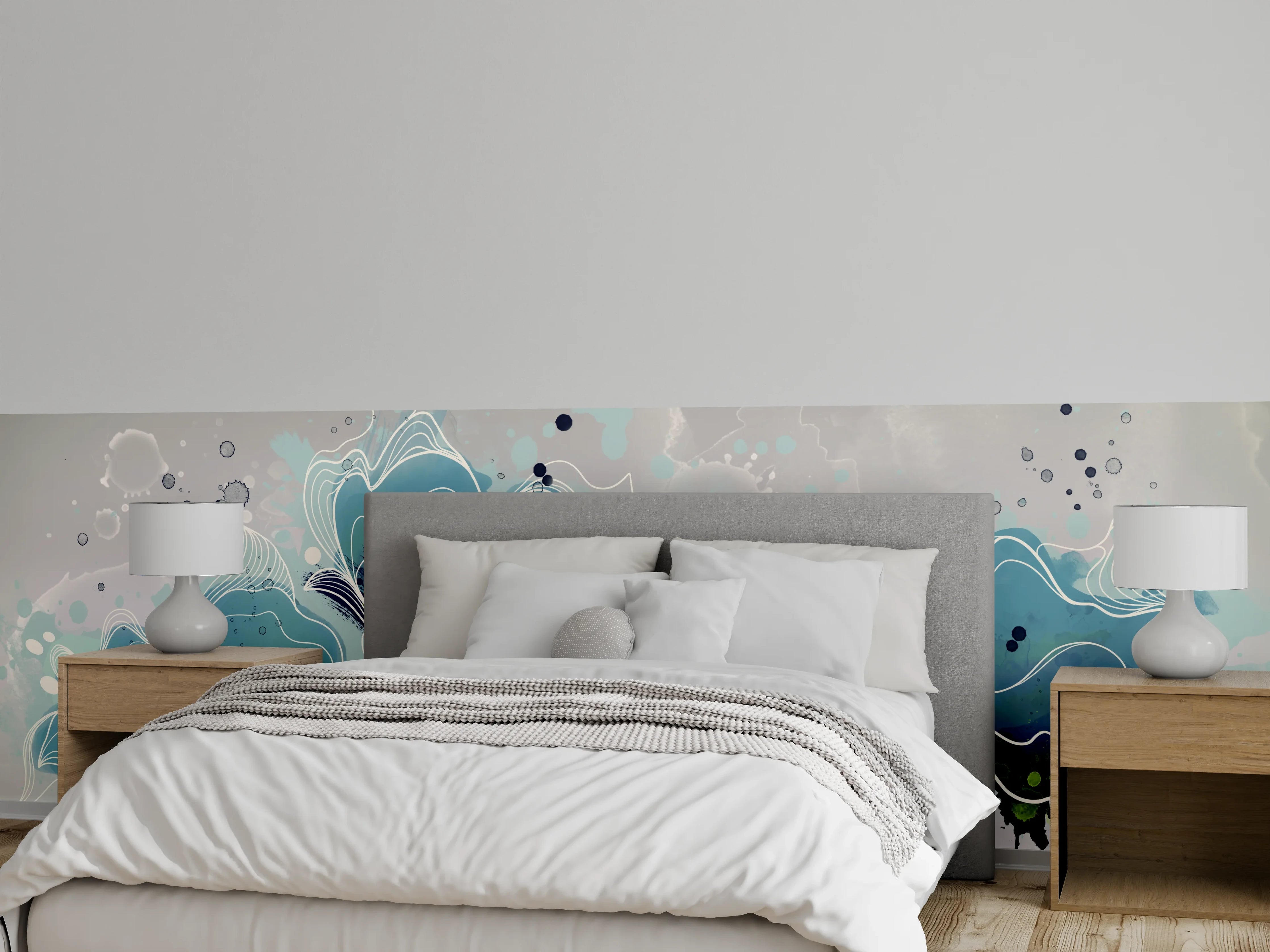 Wandverkleidung Schlafzimmer - Blaues Aquarell-Blumenmotiv Kunst