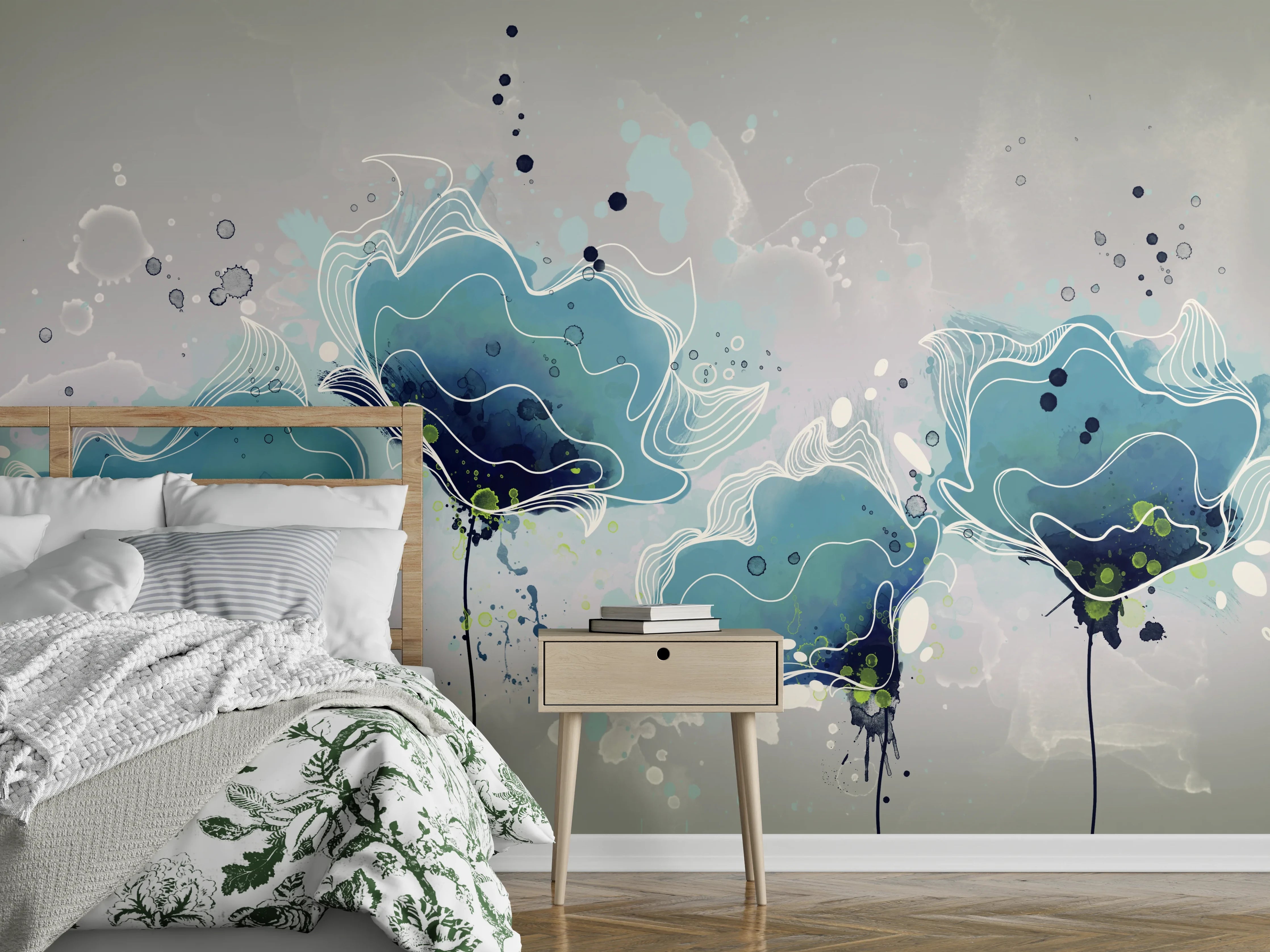 Wandverkleidung Schlafzimmer - Blaues Aquarell-Blumenmotiv Kunst