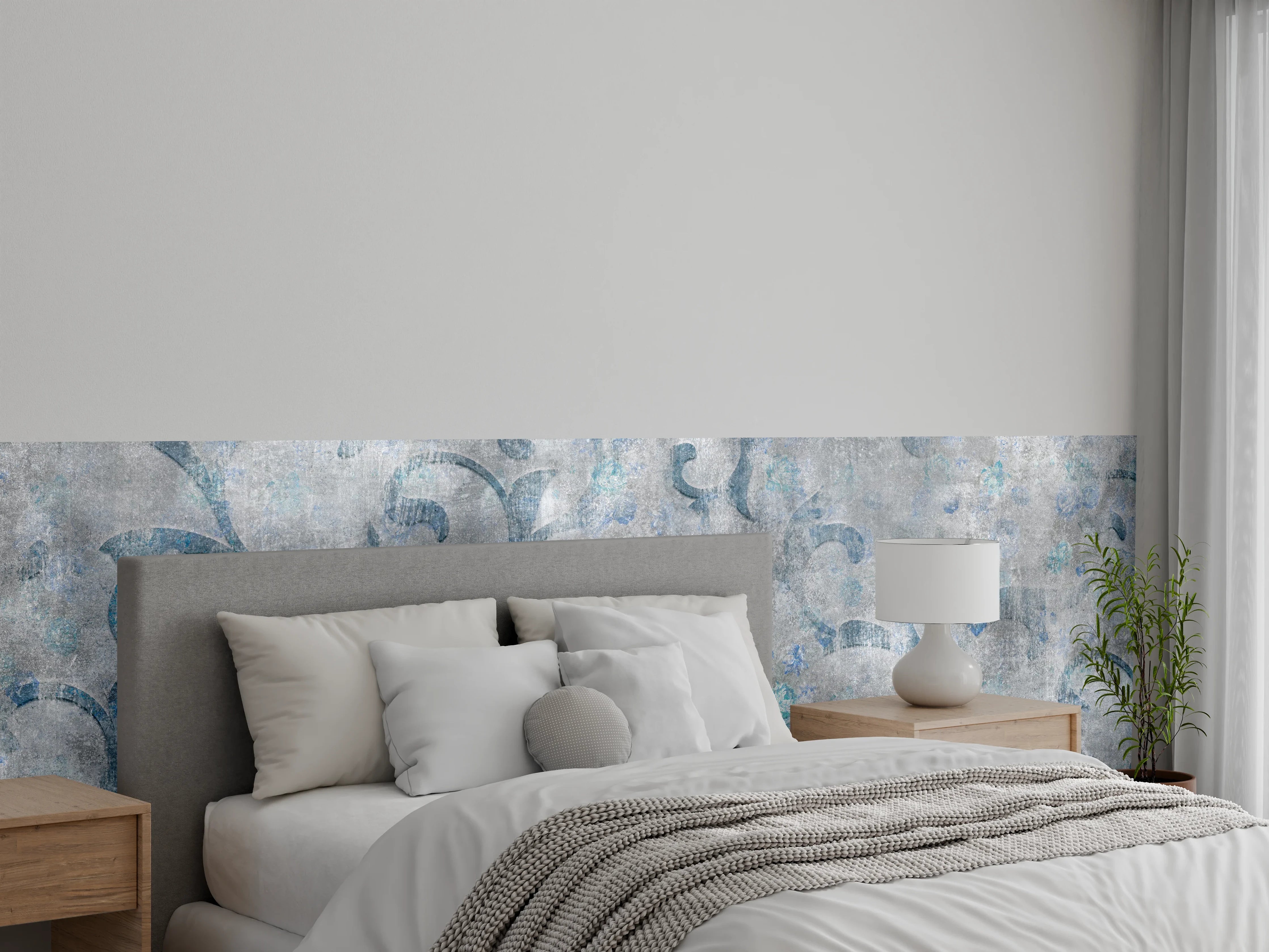 Wandverkleidung Schlafzimmer - Blaues Blätter Muster - Zement