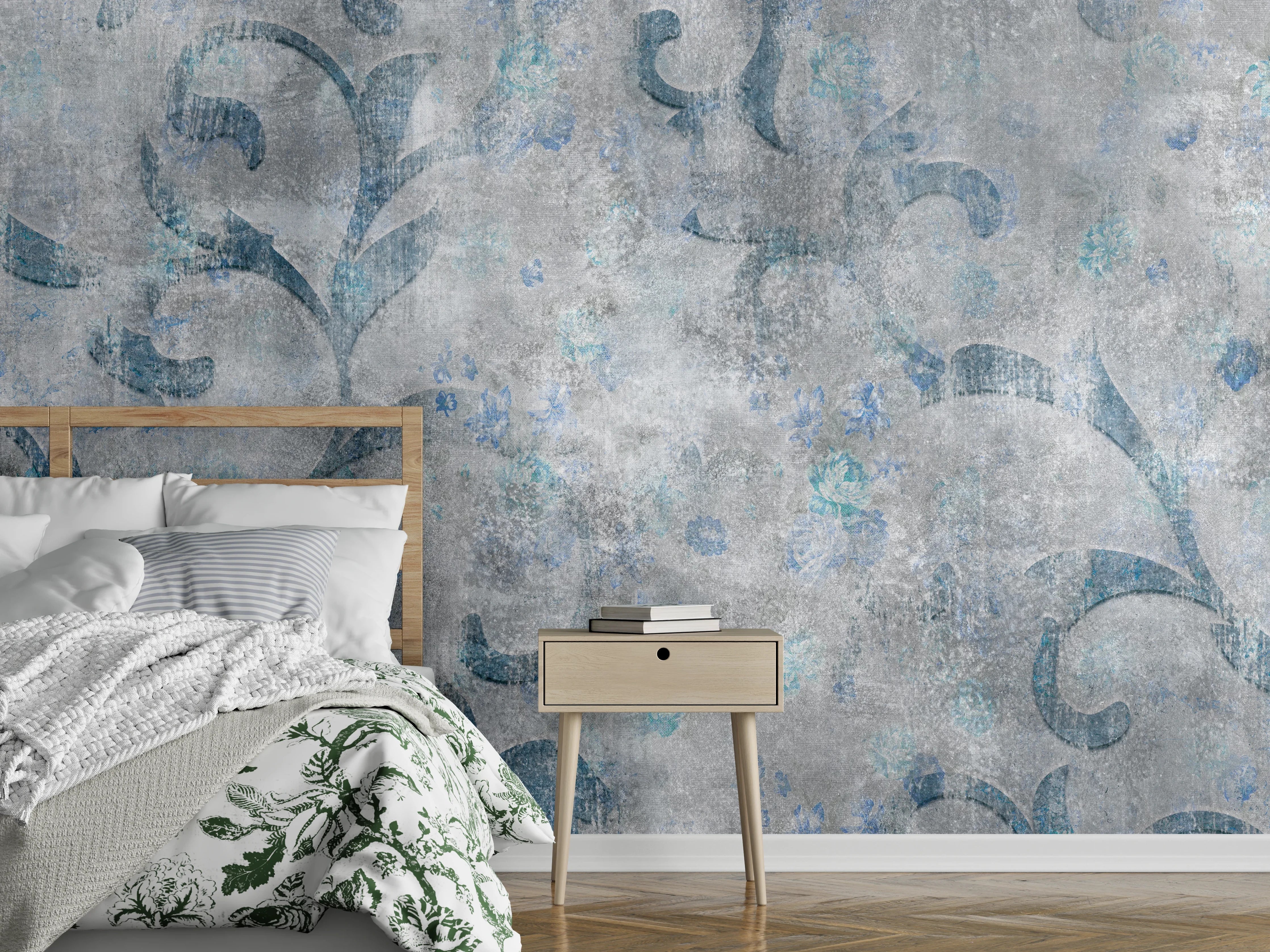 Wandverkleidung Schlafzimmer - Blaues Blätter Muster - Zement