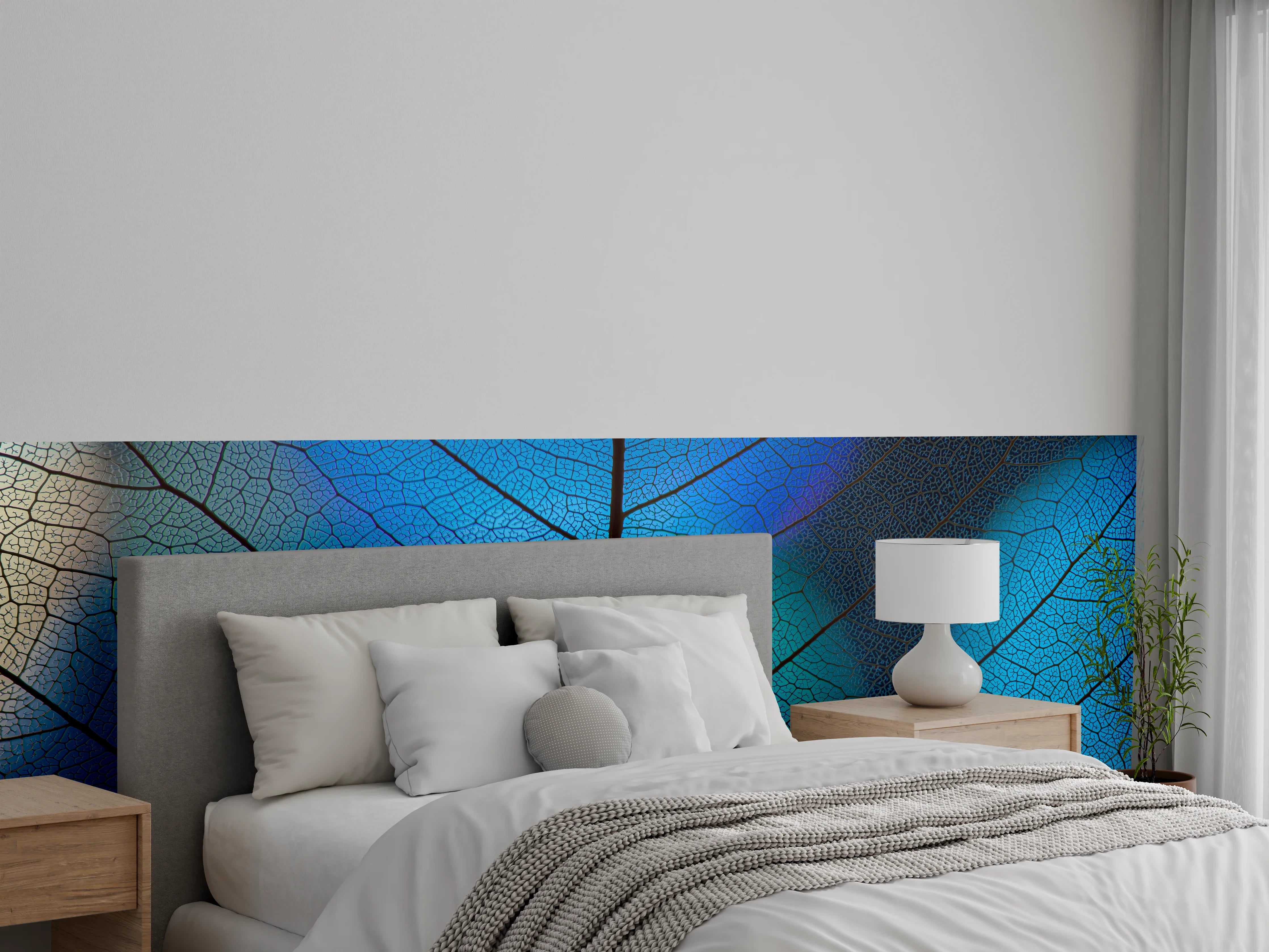Wandverkleidung Schlafzimmer - Blaues Blattmuster – Natur Wanddeko