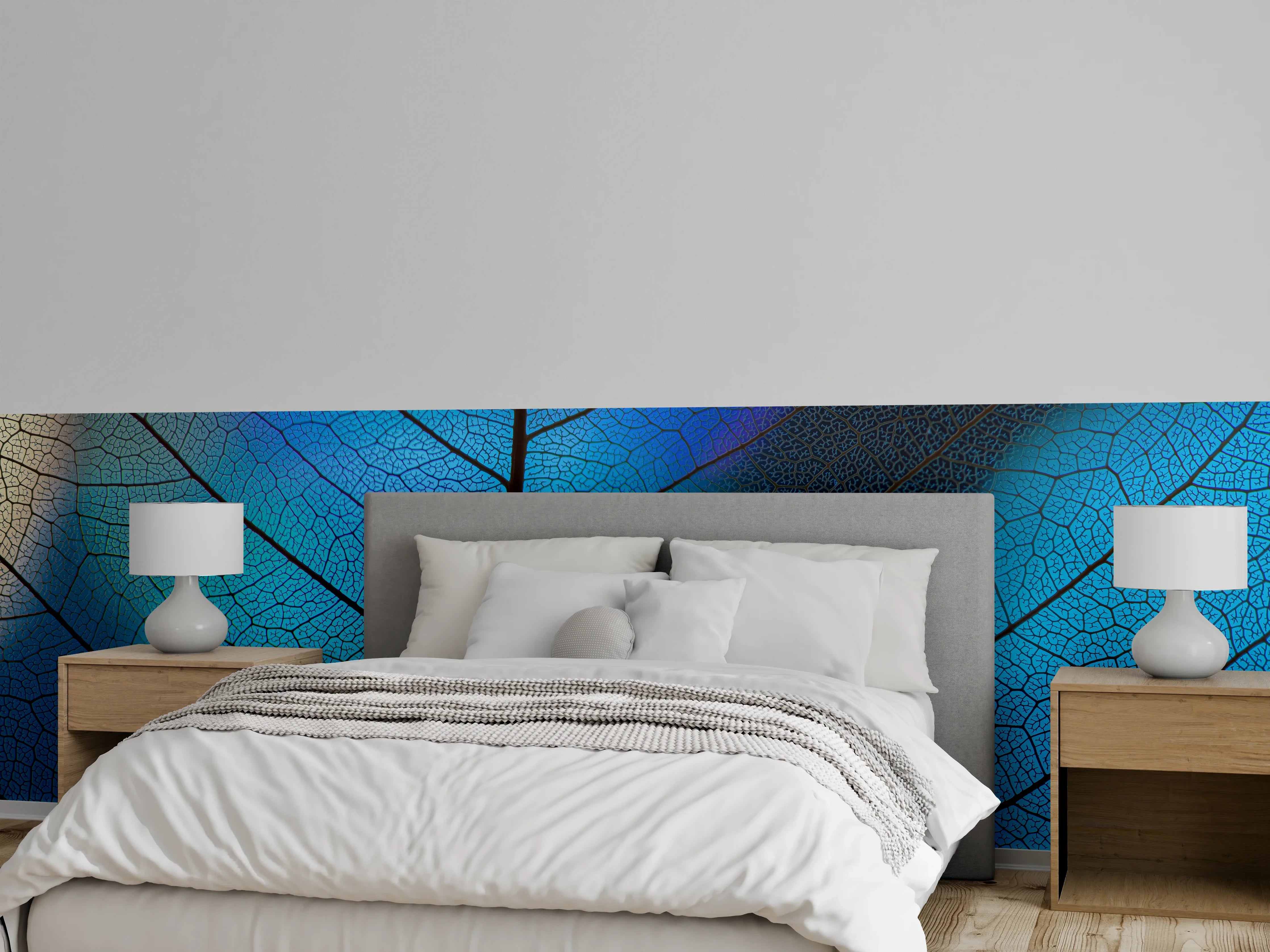 Wandverkleidung Schlafzimmer - Blaues Blattmuster – Natur Wanddeko