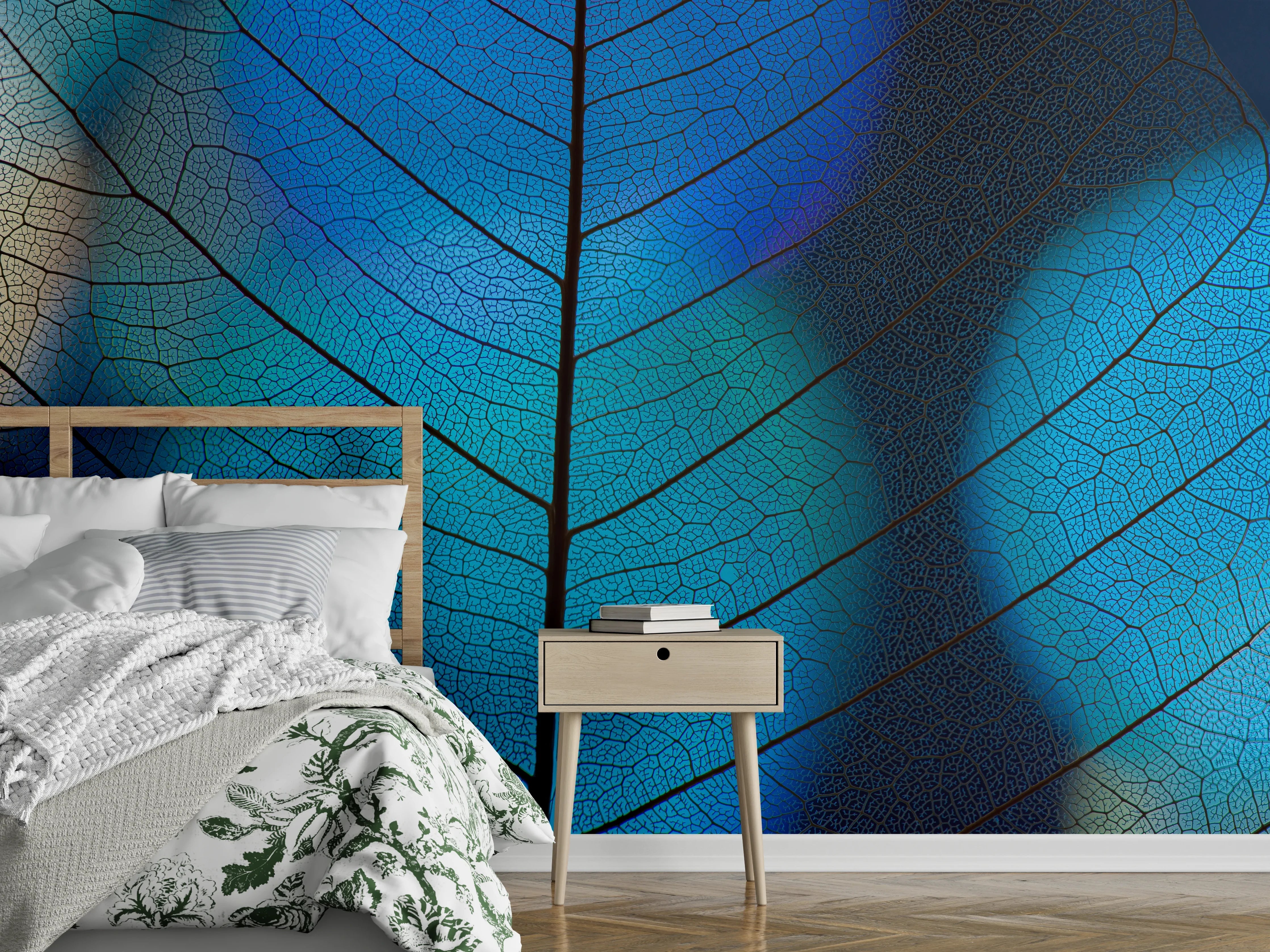 Wandverkleidung Schlafzimmer - Blaues Blattmuster – Natur Wanddeko