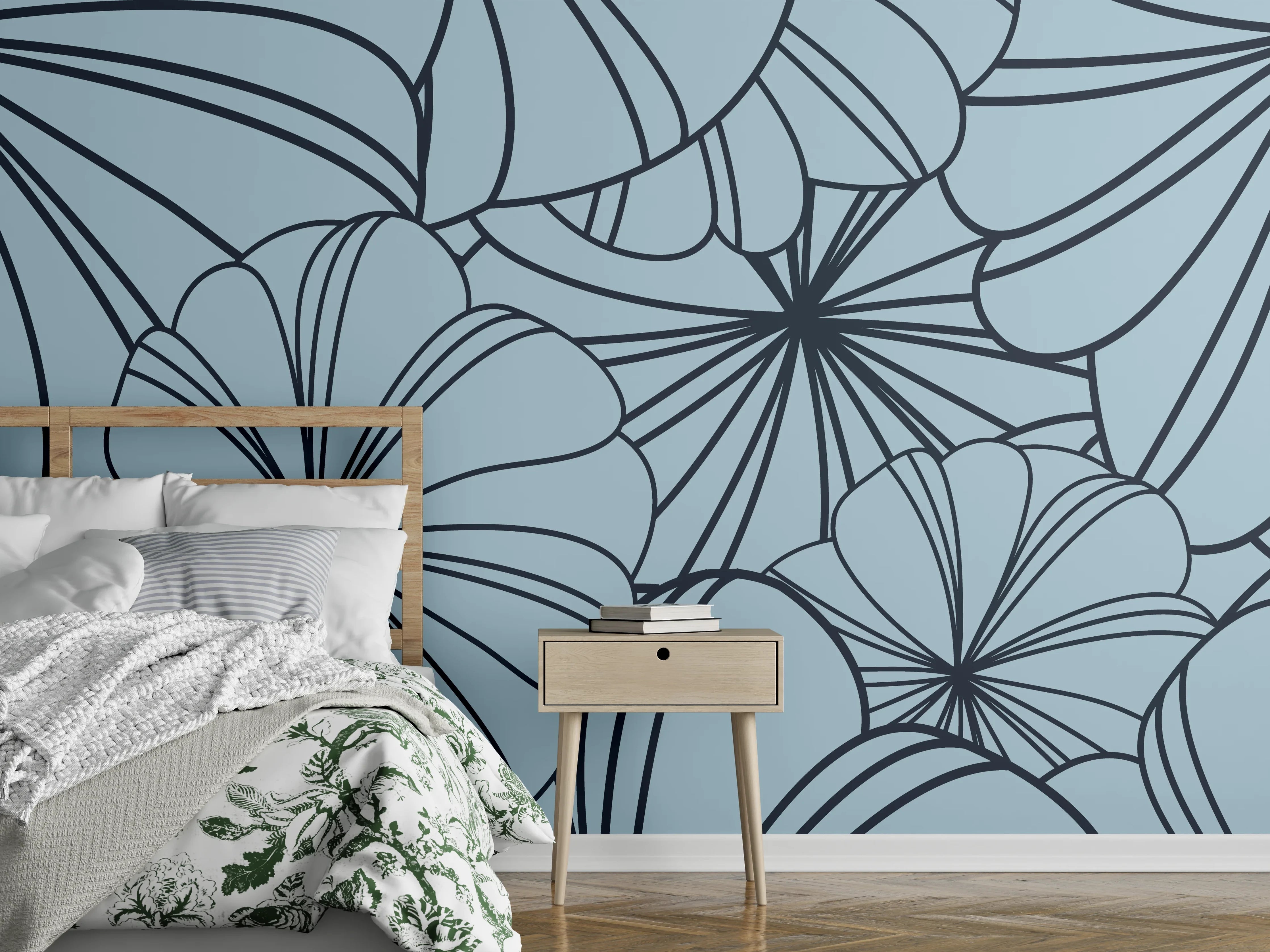 Wandverkleidung Schlafzimmer - Blaues Blumenmuster Design
