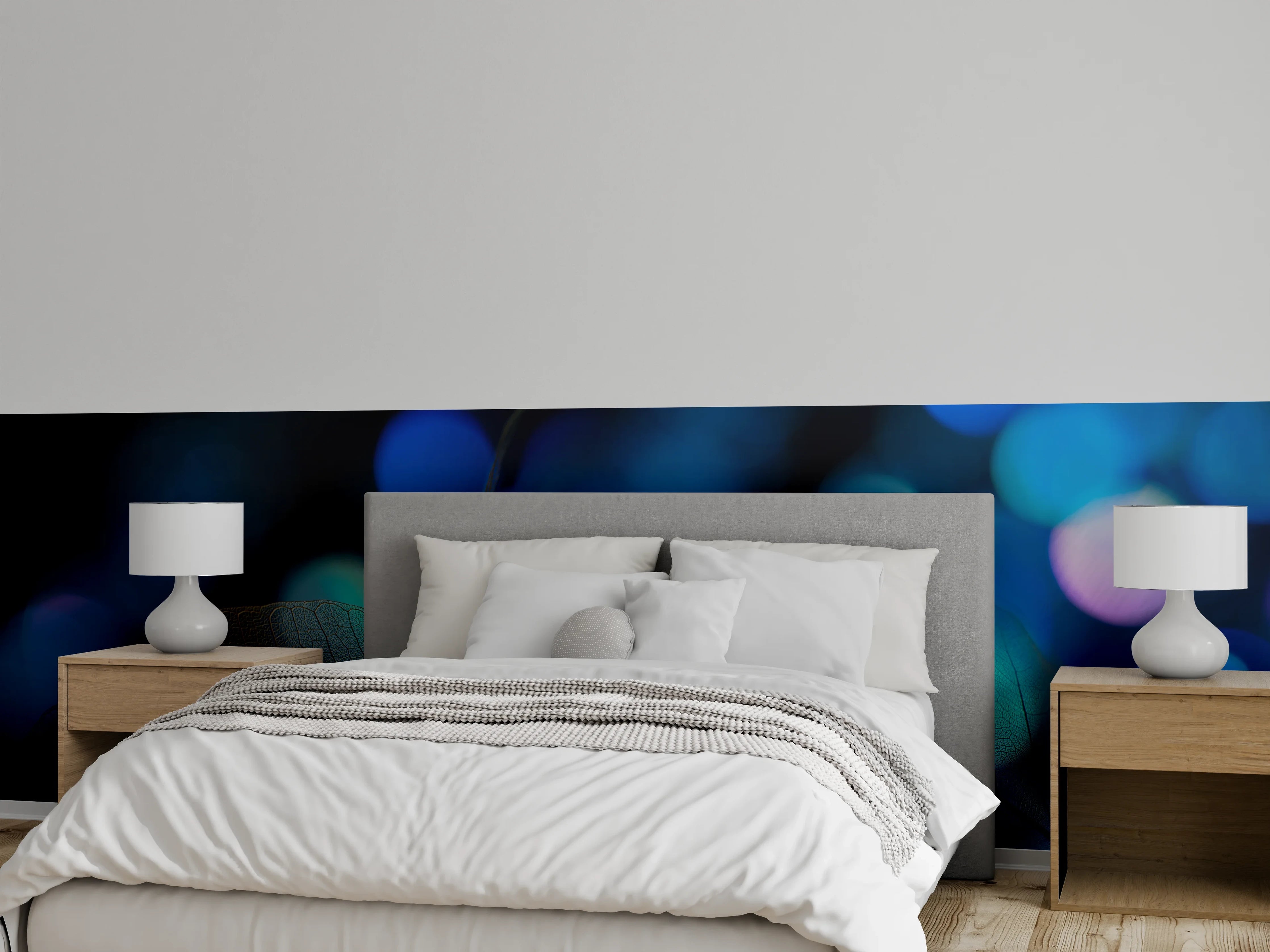 Wandverkleidung Schlafzimmer - Blaues Bokeh mit filigranen Blättern