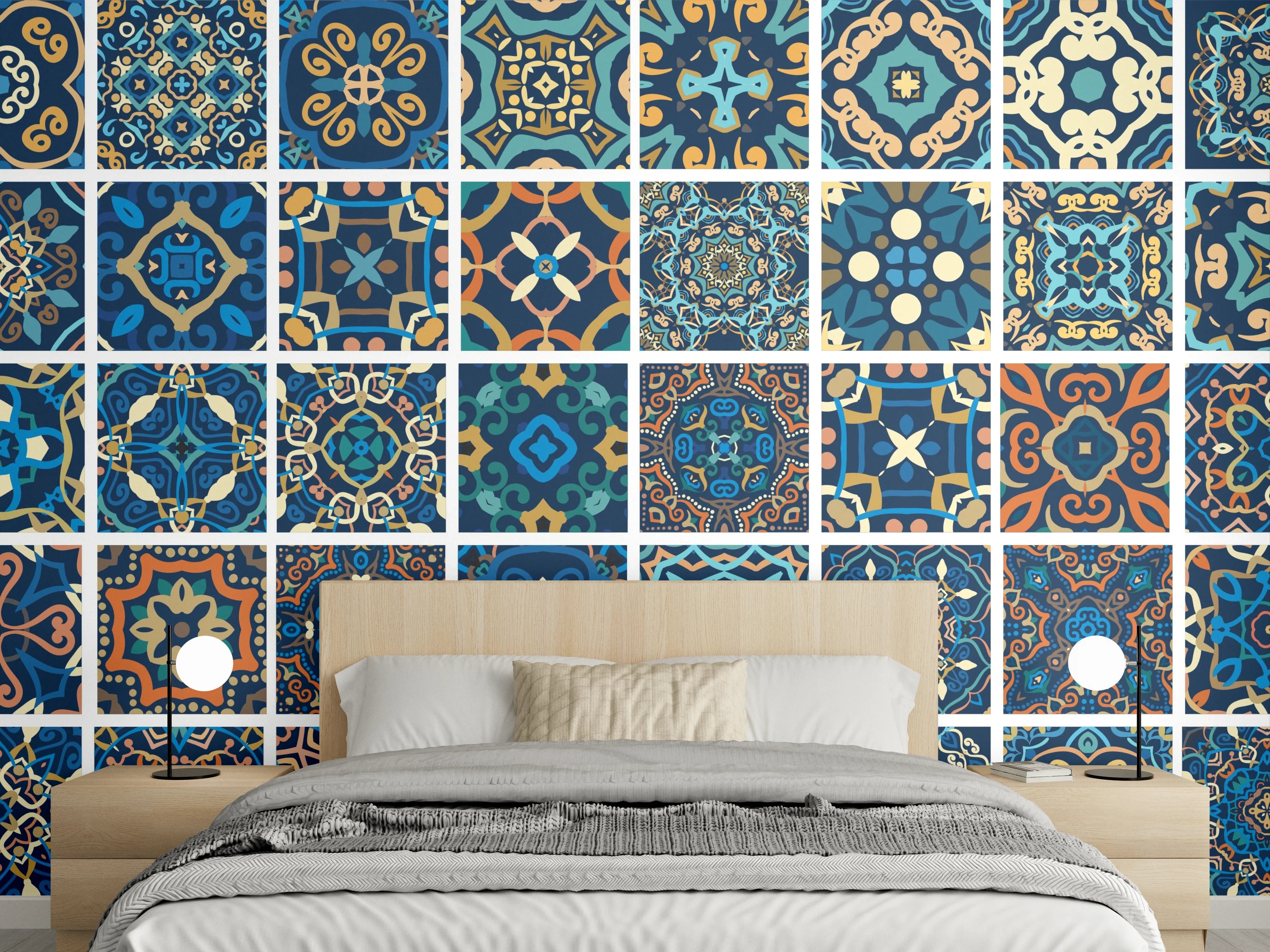 Wandverkleidung Schlafzimmer - Blaues Orientalisches Fliesenmuster