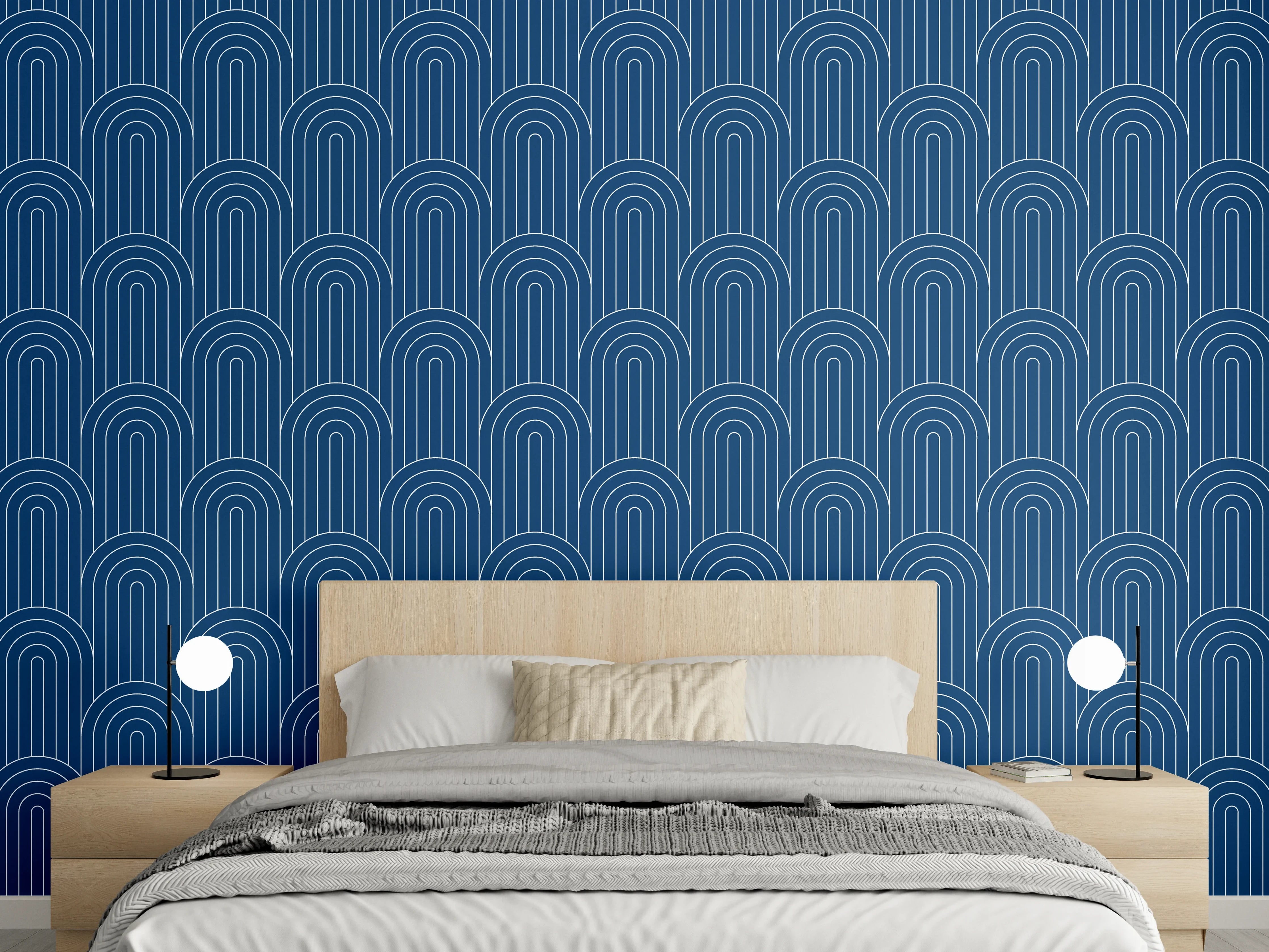 Wandverkleidung Schlafzimmer - Blaues Retro-Muster mit Halbkreisen