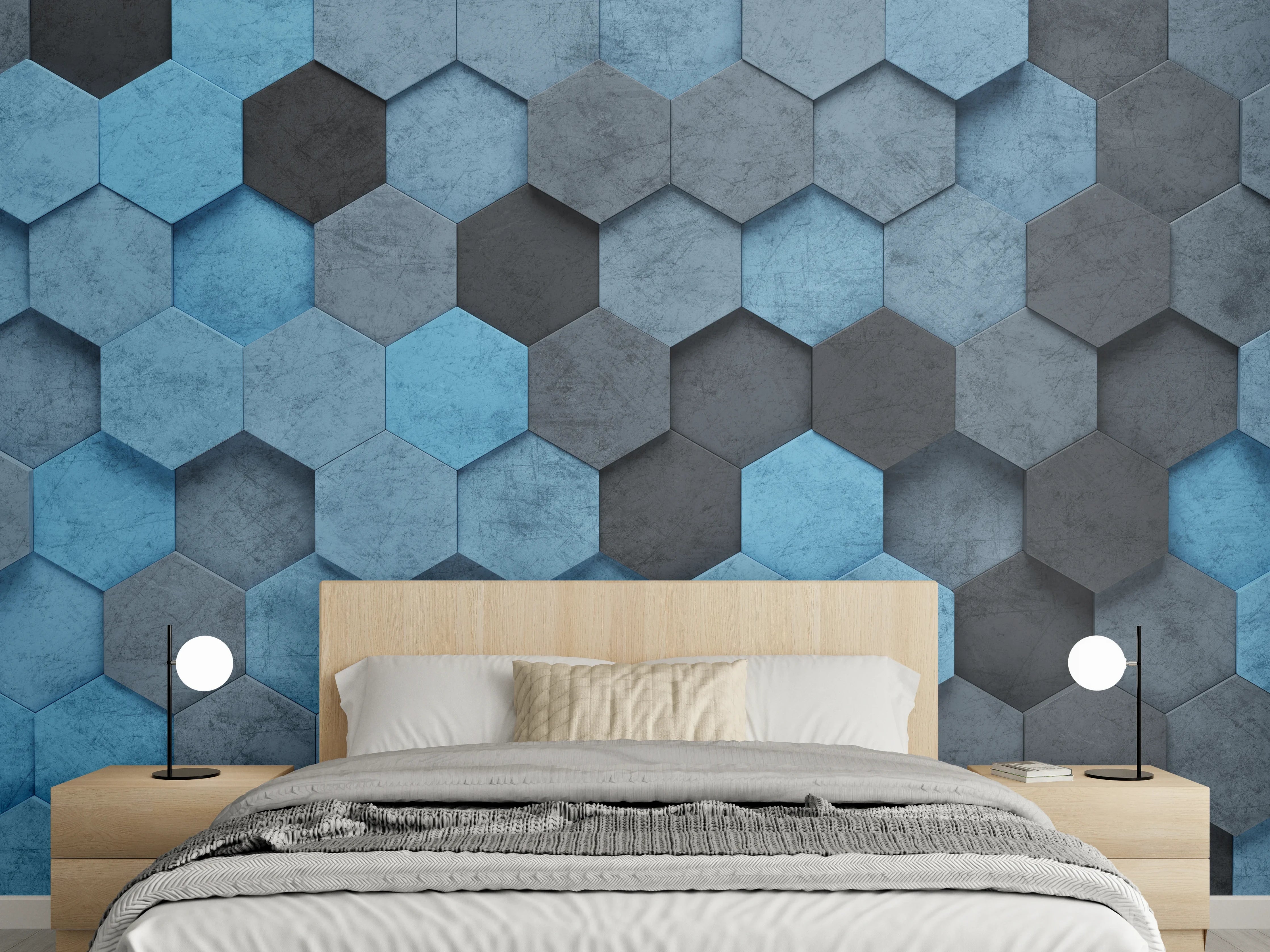Wandverkleidung Schlafzimmer - Blaues Sechseck 3D Muster