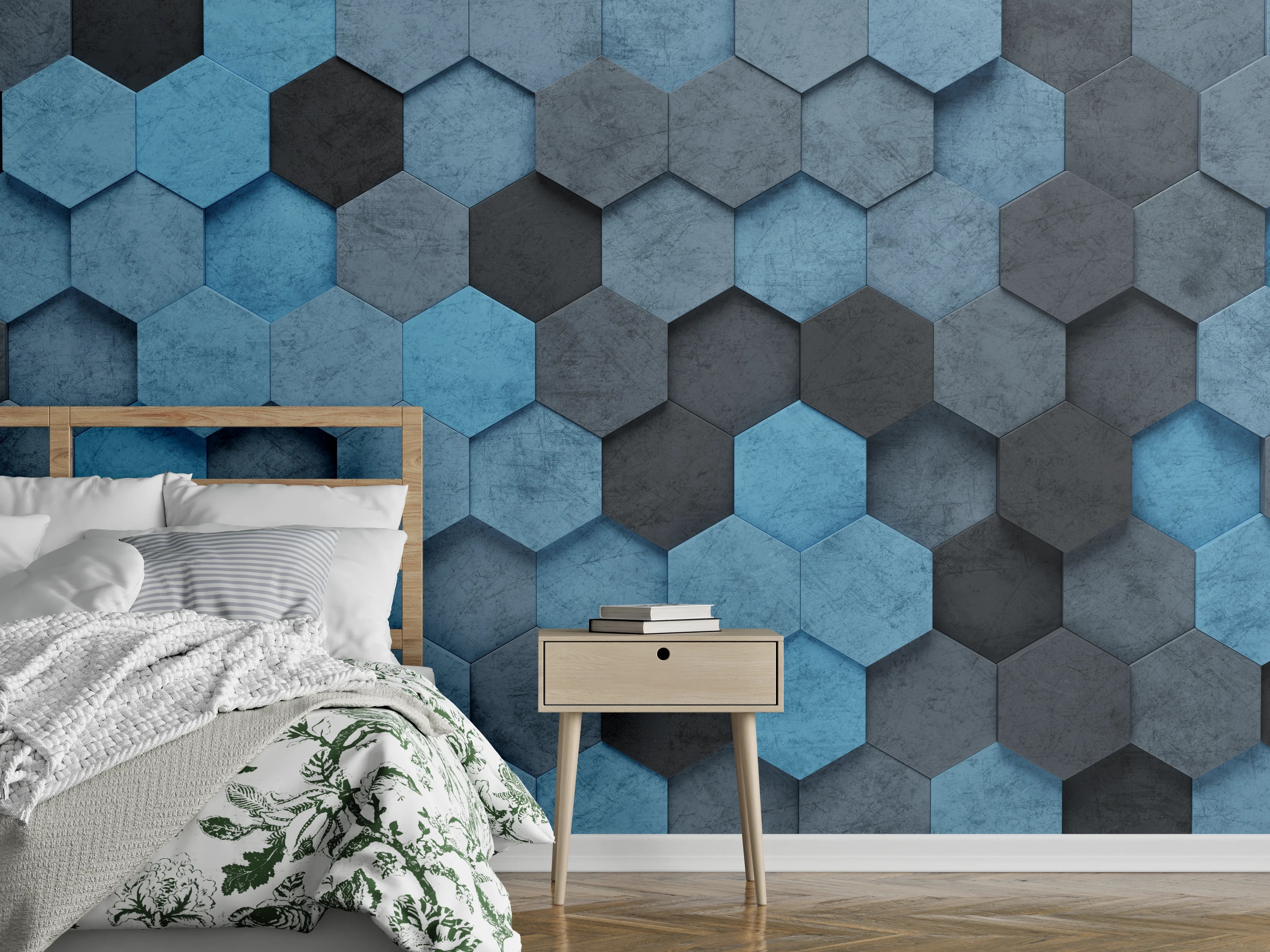 Wandverkleidung Schlafzimmer - Blaues Sechseck 3D Muster