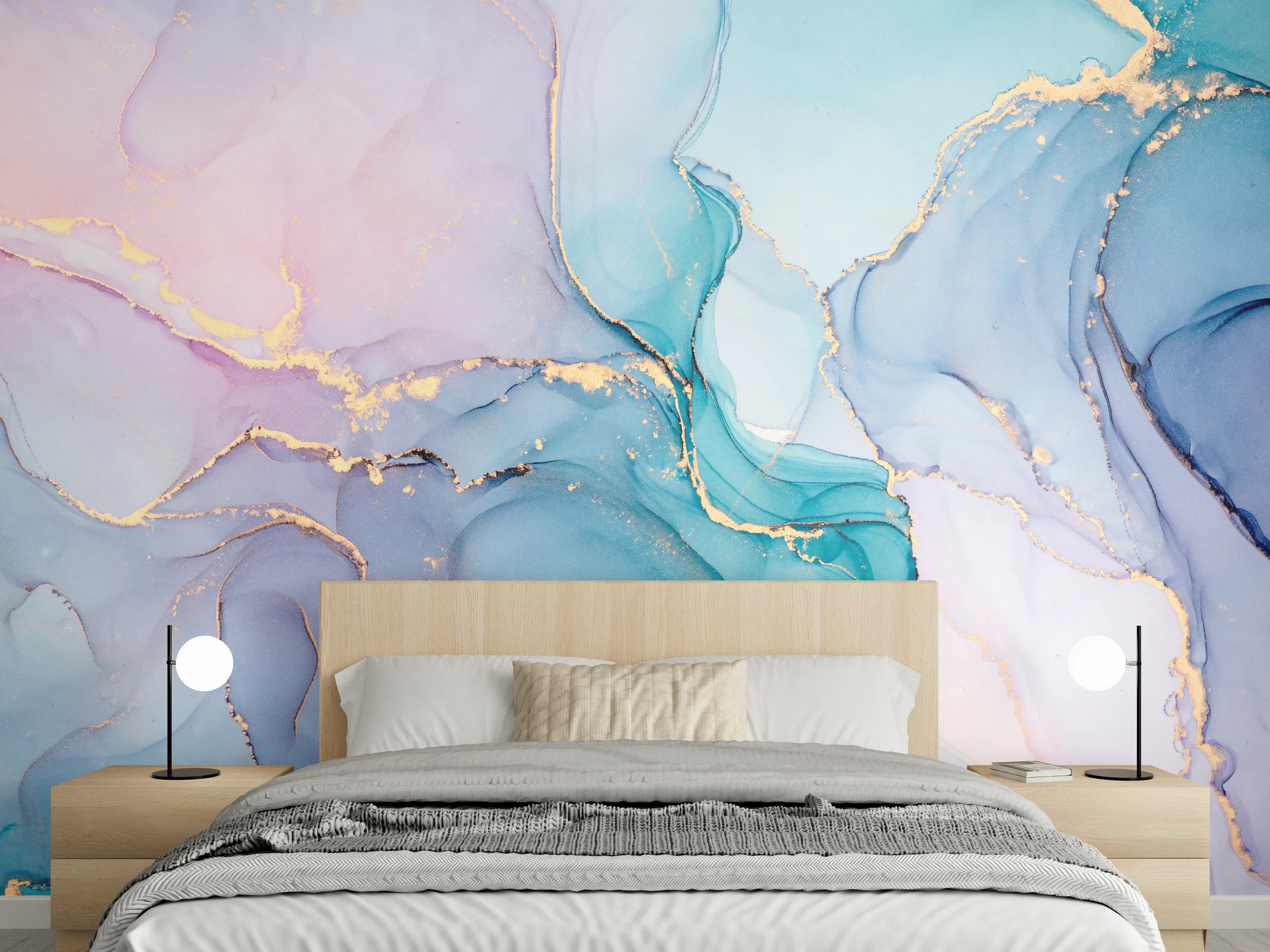 Wandverkleidung Schlafzimmer - Blaugoldene Harmonie mit grauen Akzenten