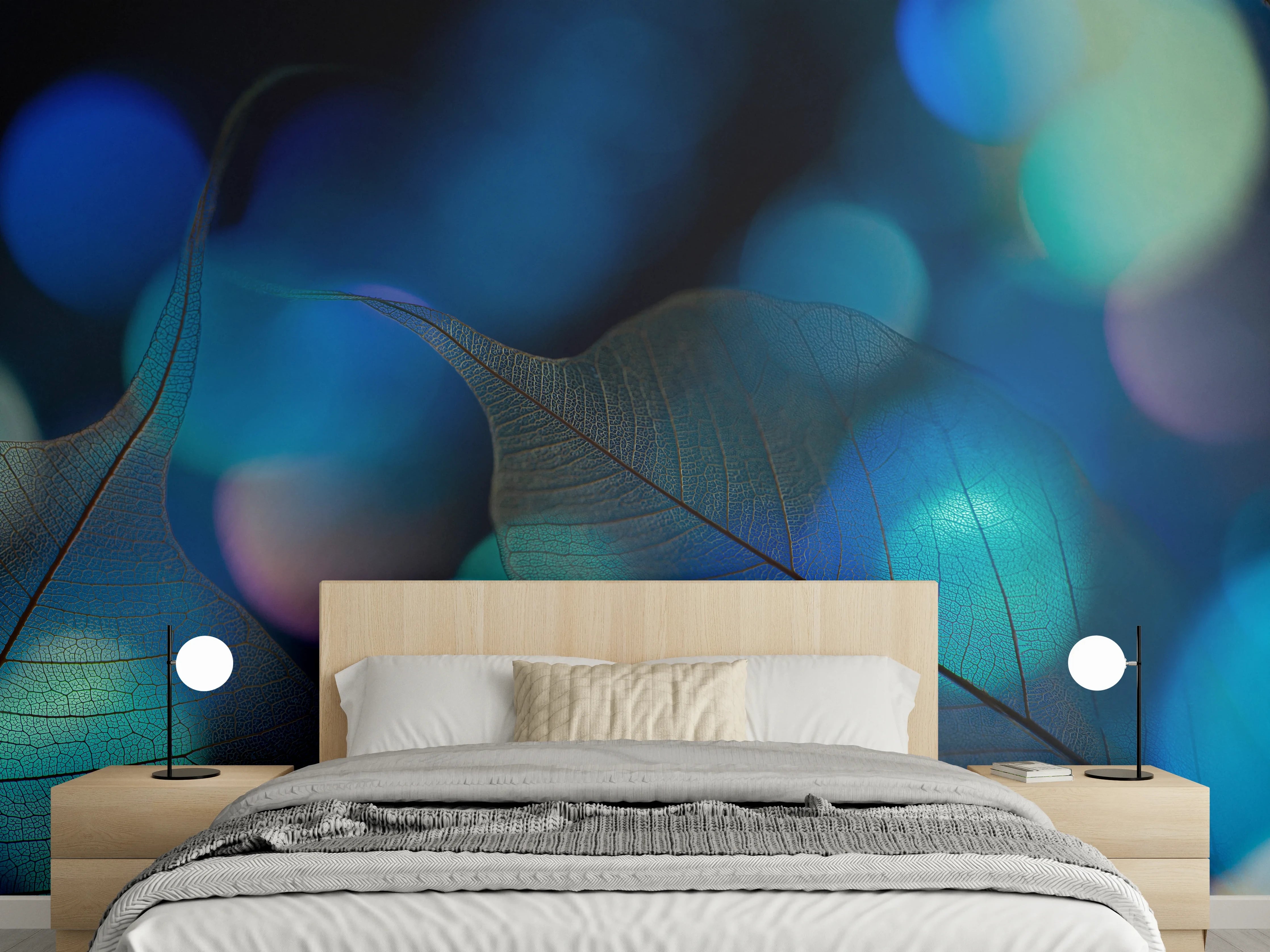 Wandverkleidung Schlafzimmer - Blaugrün Lichtspiel Blatttextur