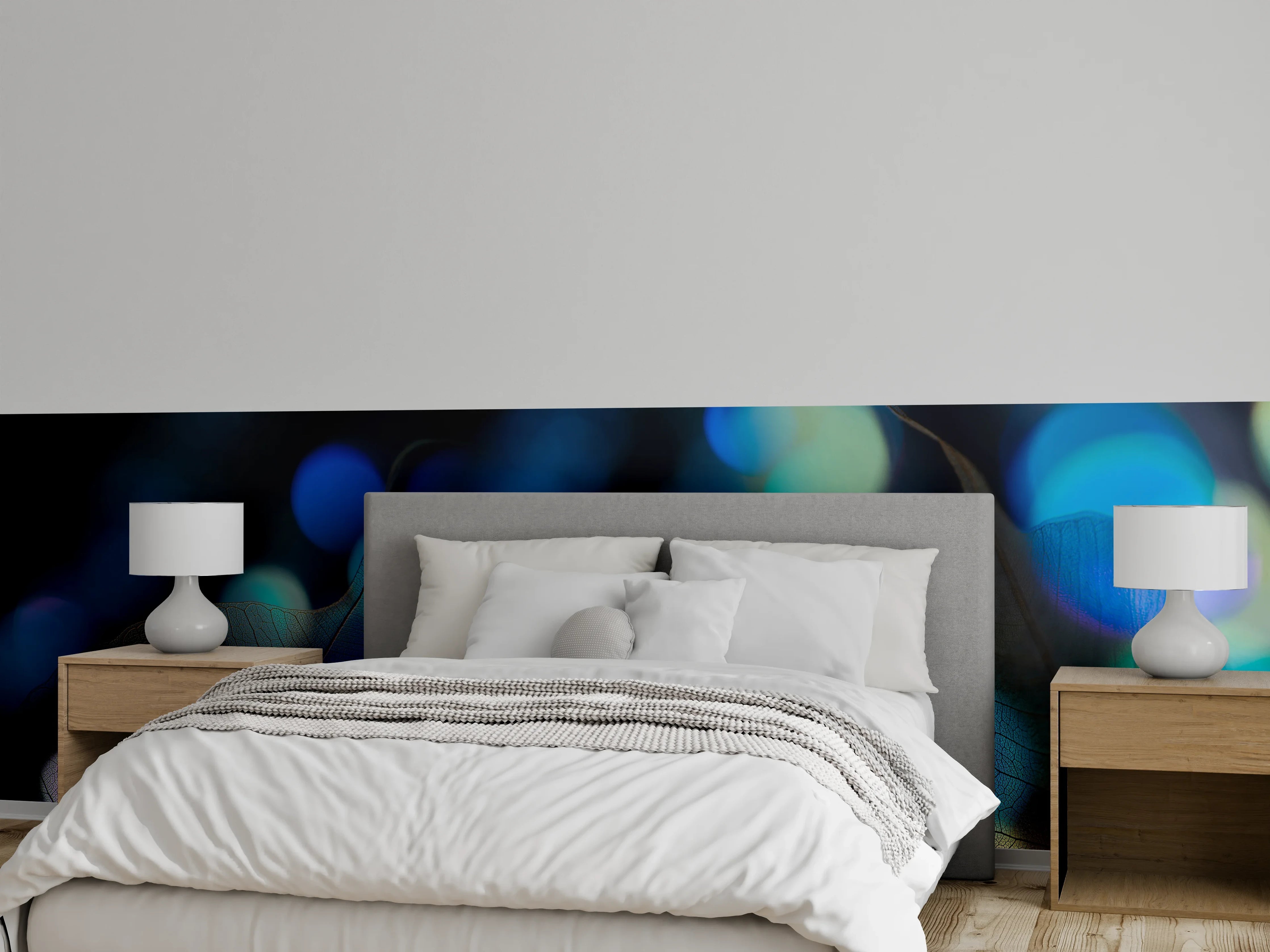 Wandverkleidung Schlafzimmer - Blaugrün Lichtspiel Blatttextur