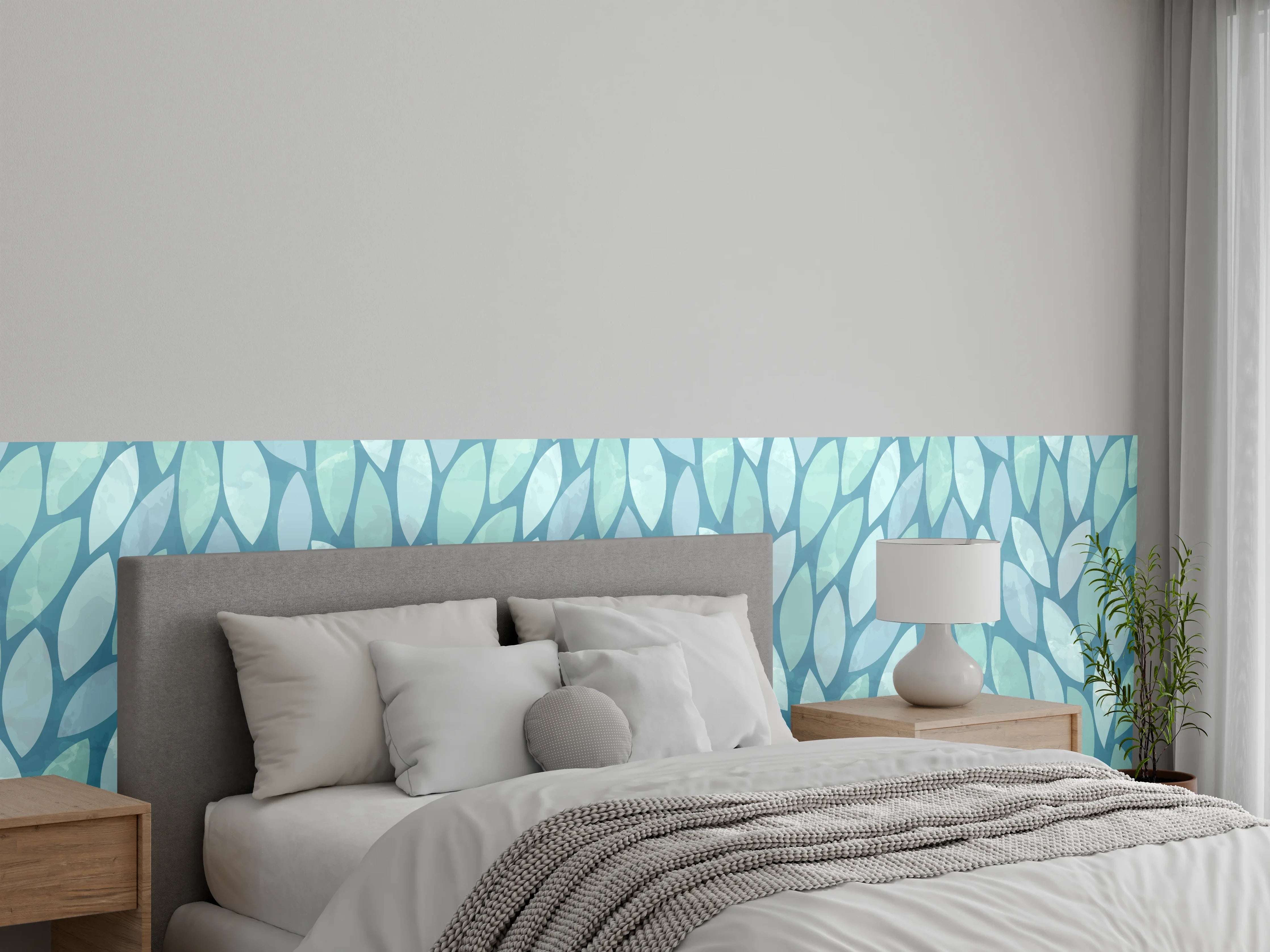 Wandverkleidung Schlafzimmer - Blaugrünes Blättermuster Aquarell-Optik