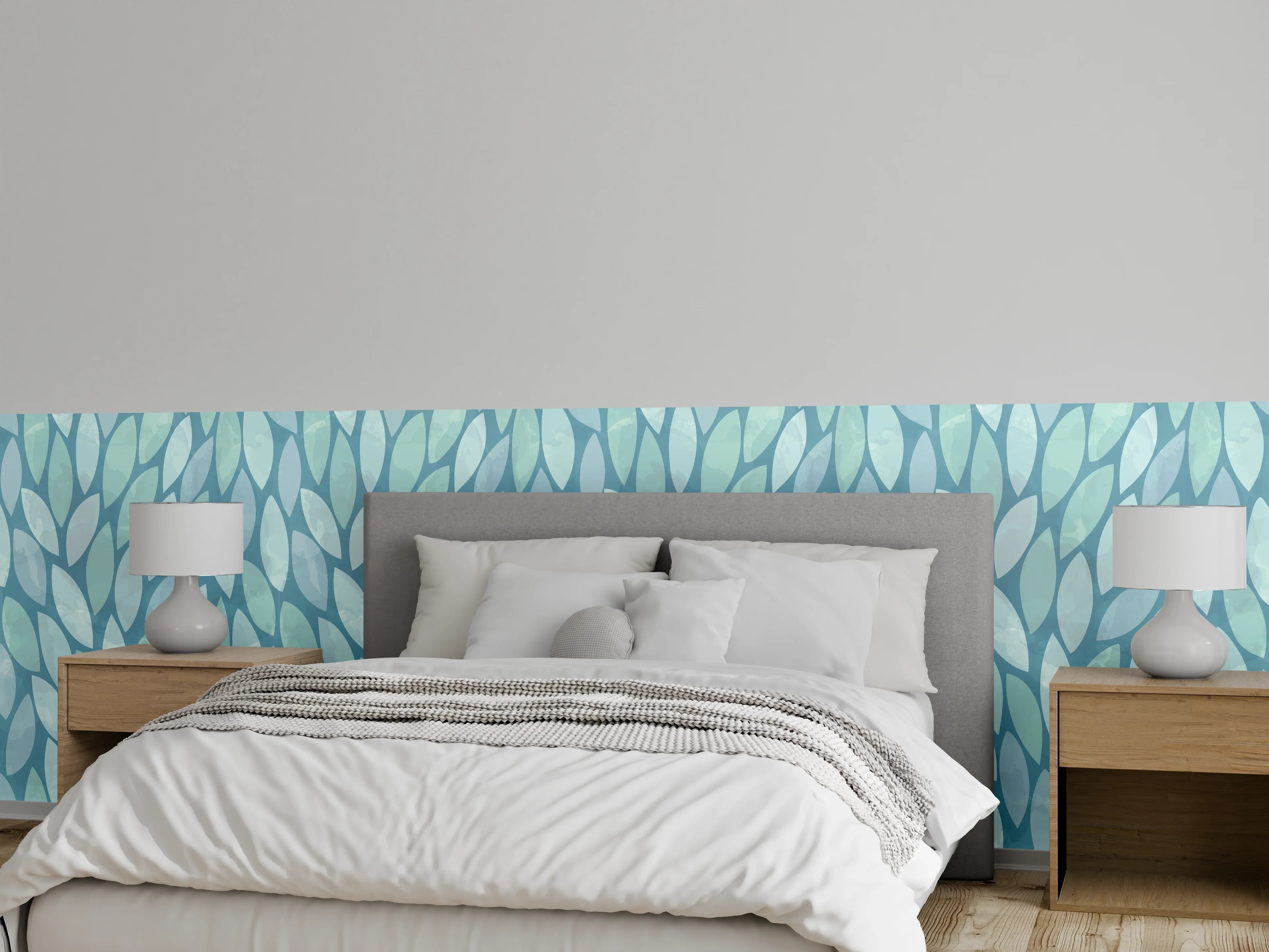 Wandverkleidung Schlafzimmer - Blaugrünes Blättermuster Aquarell-Optik