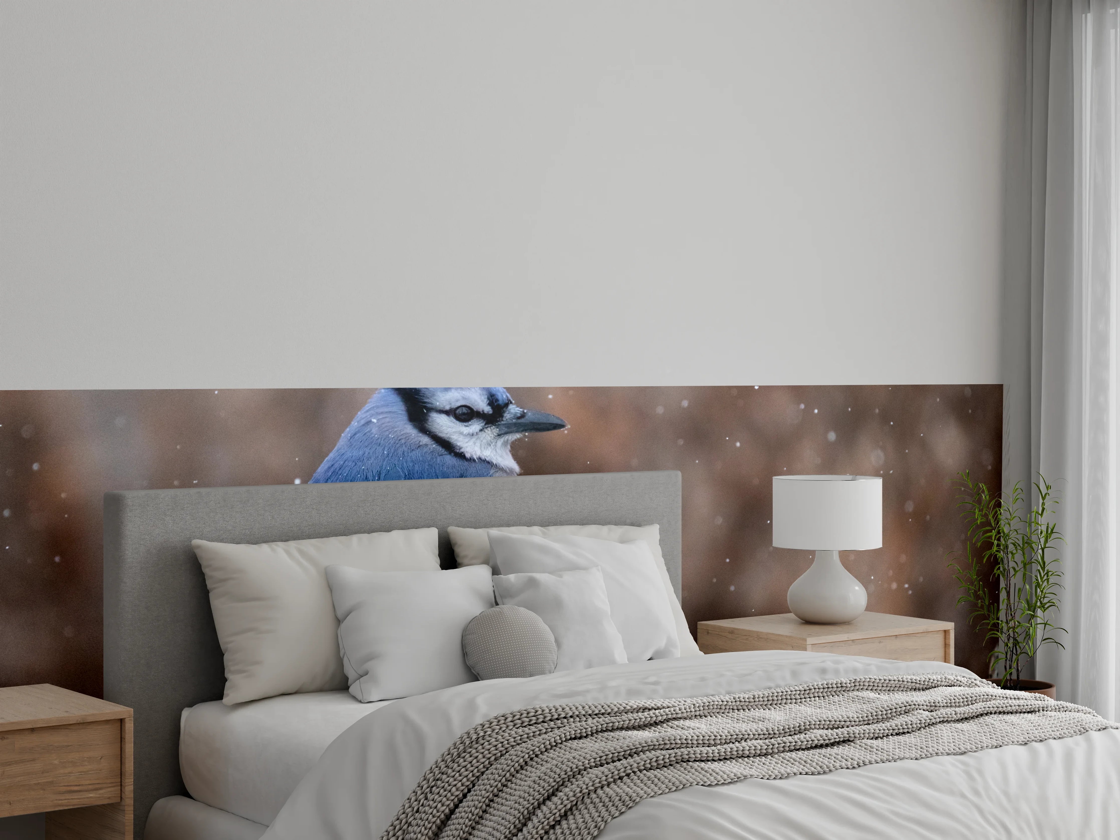 Wandverkleidung Schlafzimmer - Blauhäher im Schnee